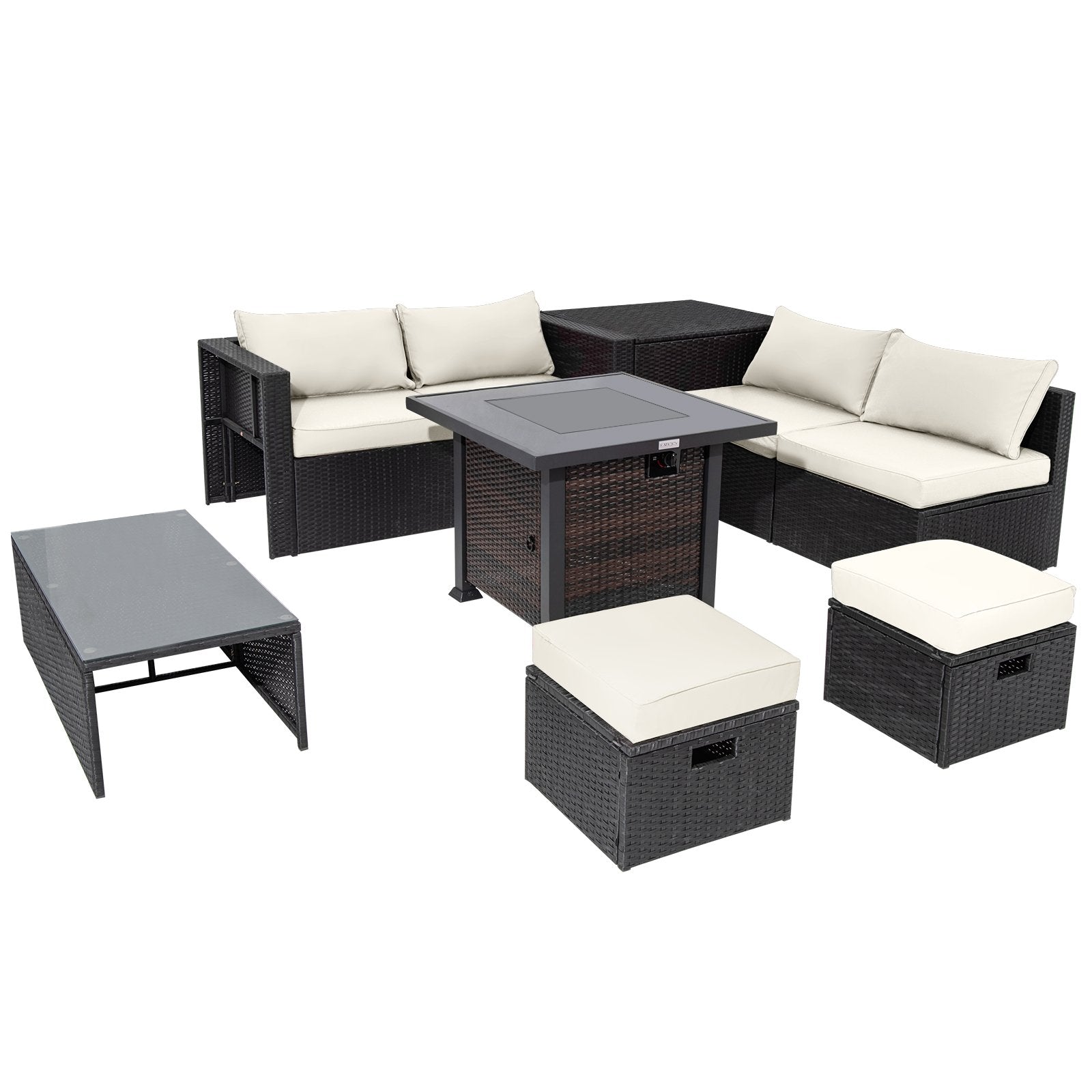 9 Pieces Patio Furniture Set with 32” Fire Pit Table and 50000 BTU Square Propane Fire Pit-Black