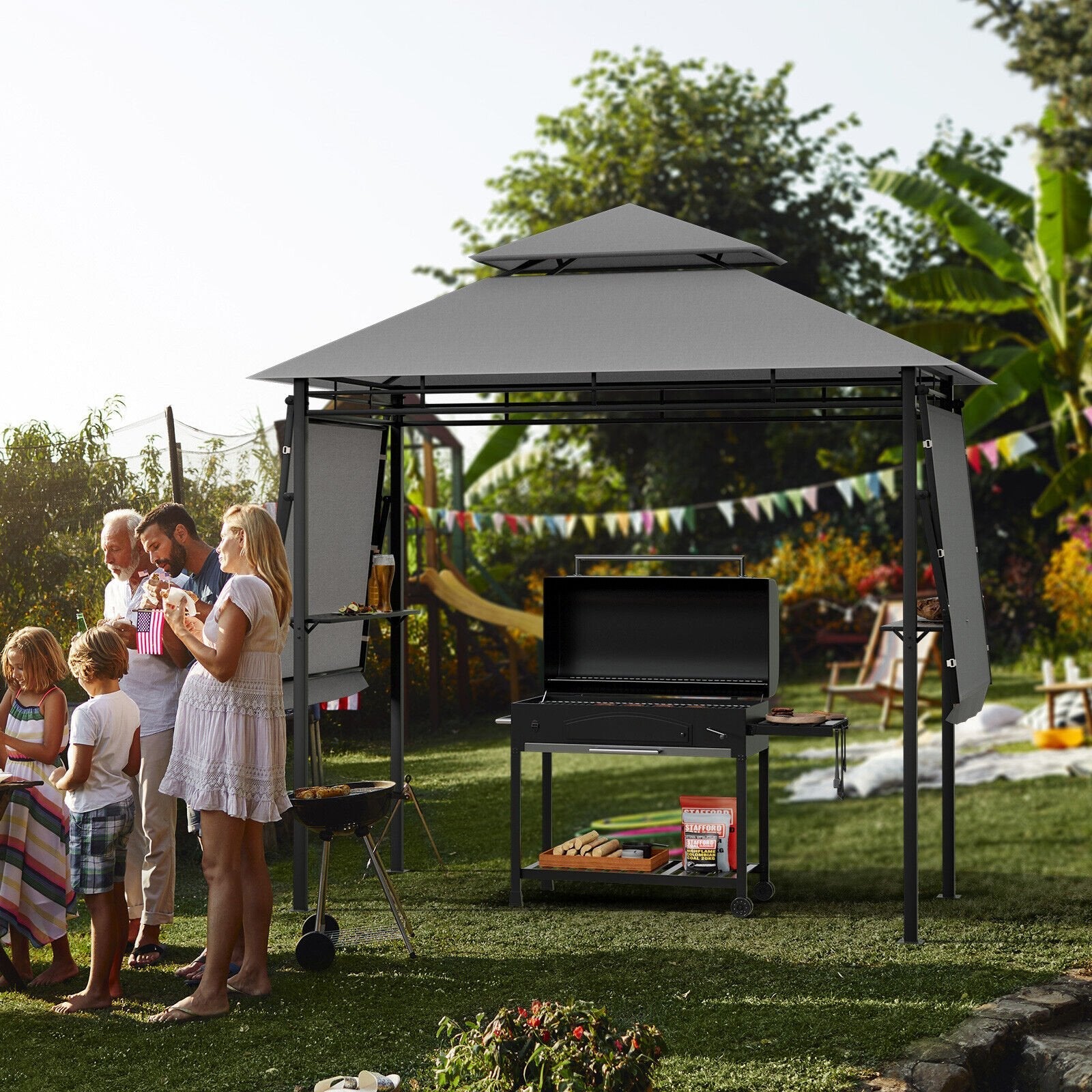 13.5 x 4 Feet Patio BBQ Grill Gazebo Canopy with Dual Side Awnings-Beige