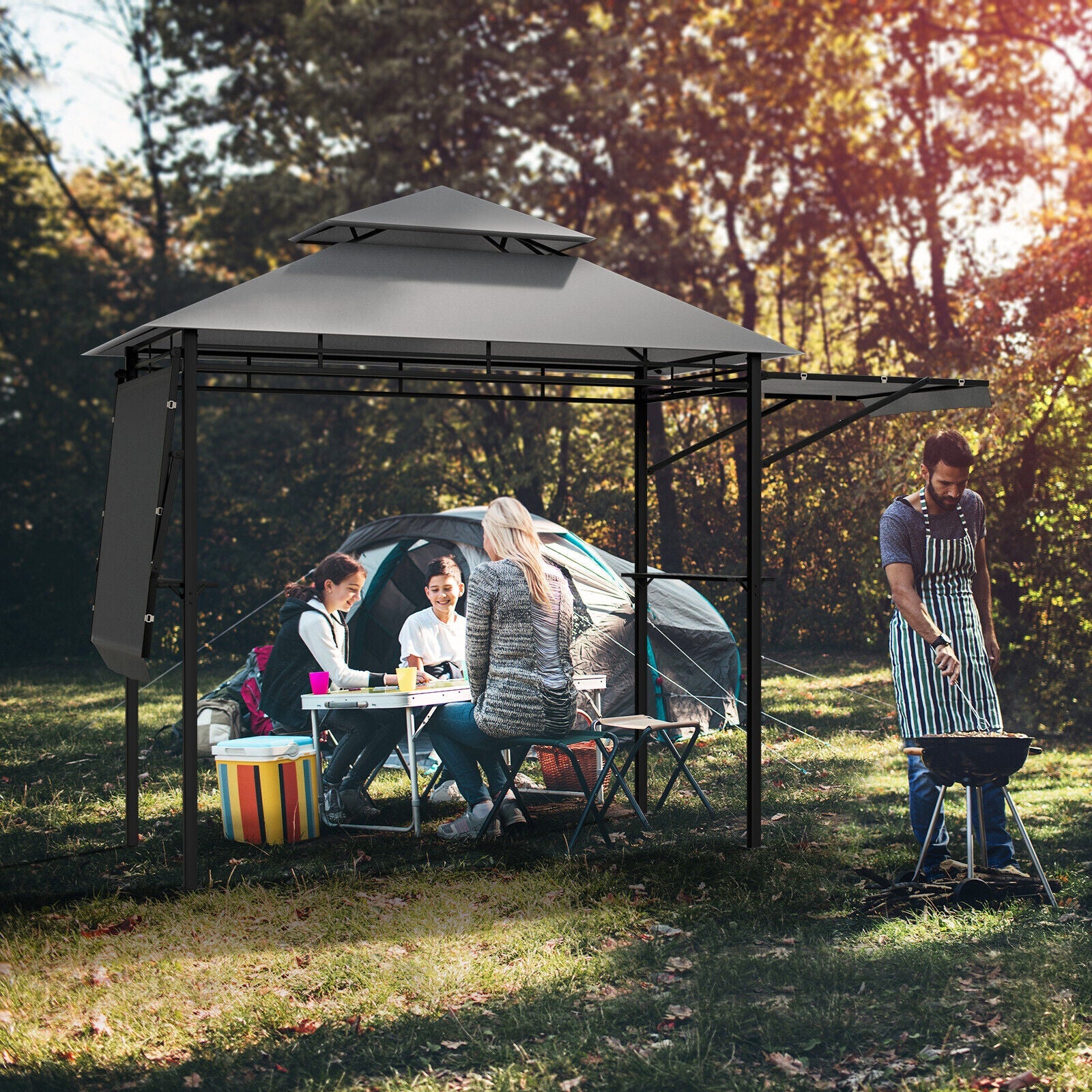 13.5 x 4 Feet Patio BBQ Grill Gazebo Canopy with Dual Side Awnings-Beige