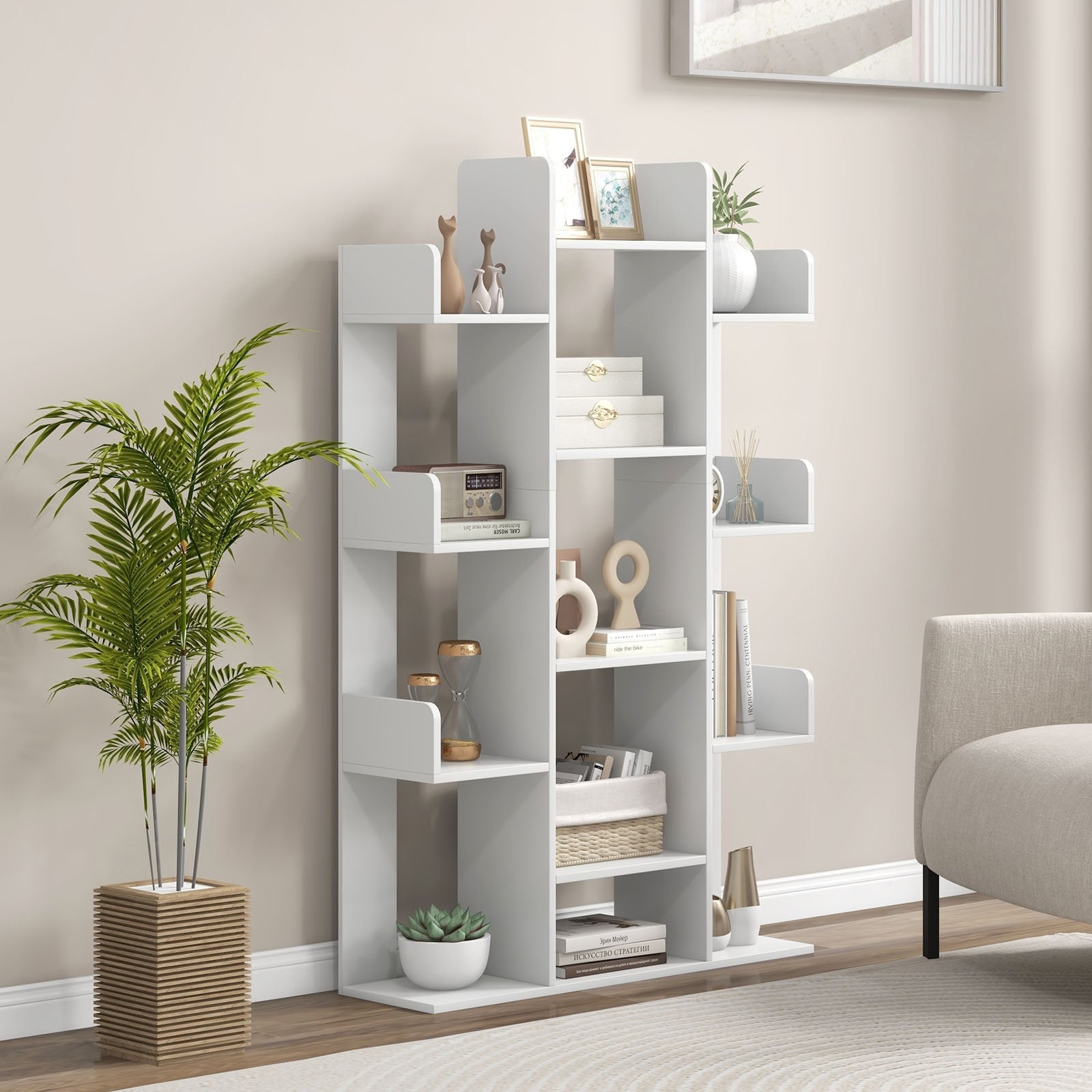 Tree-Shaped Bookshelf with 13 Compartments for Home Office-Rustic Brown