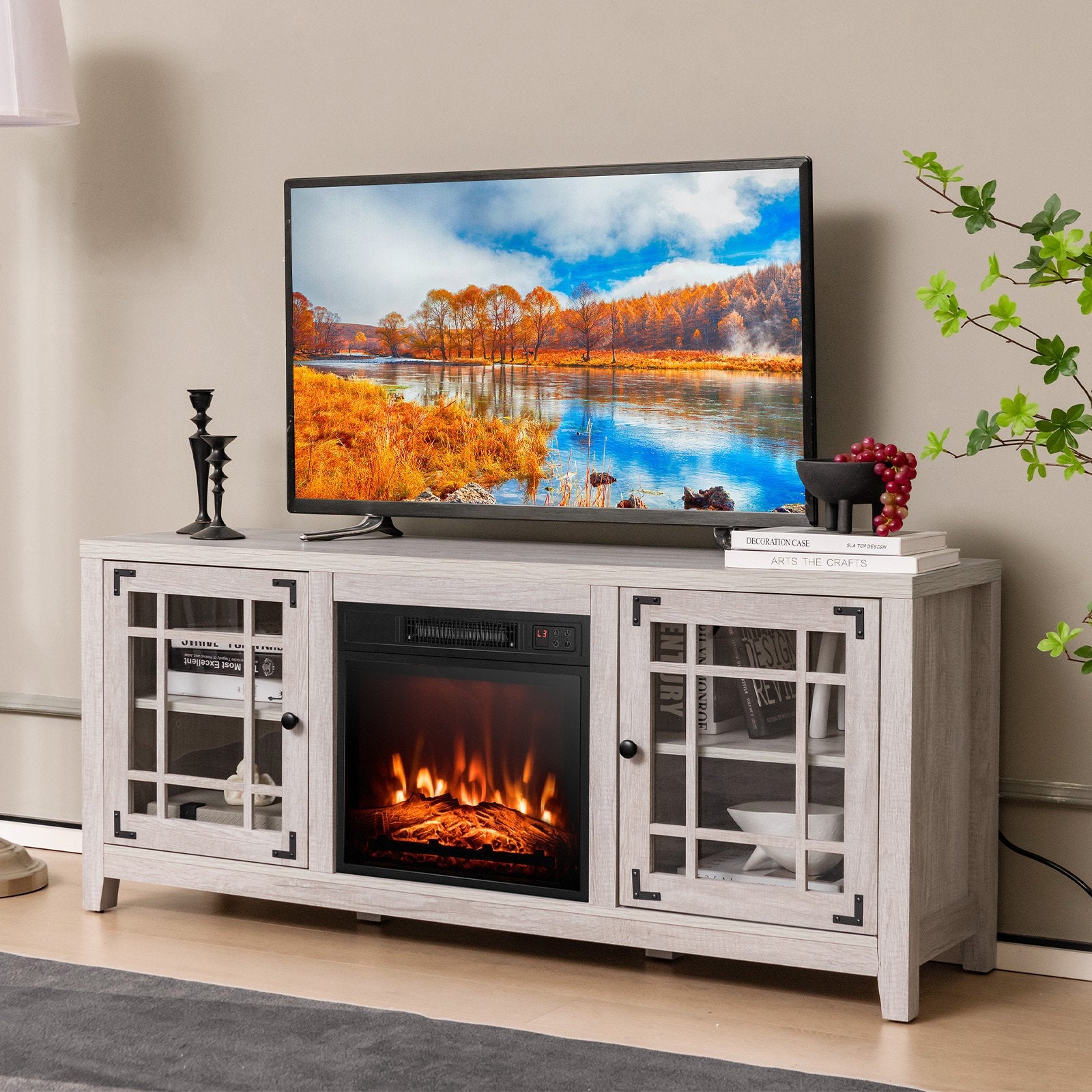 58 Inch Fireplace TV Stand with Remote Control for TVs up to 65 Inch-Black