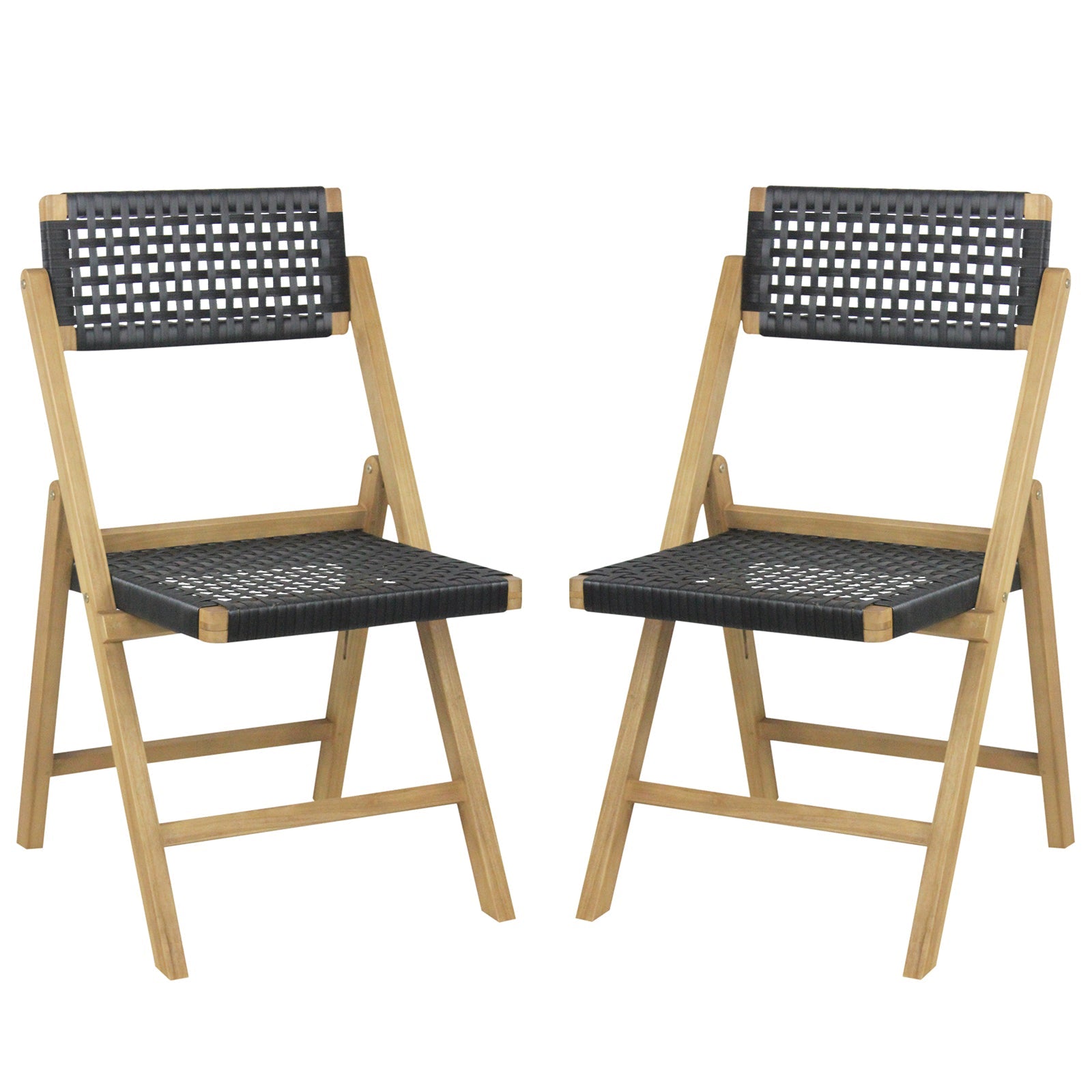 Set of 2 Folding Chairs Indonesia Teak Wood Dining Chairs with Woven Rope Seat and Back