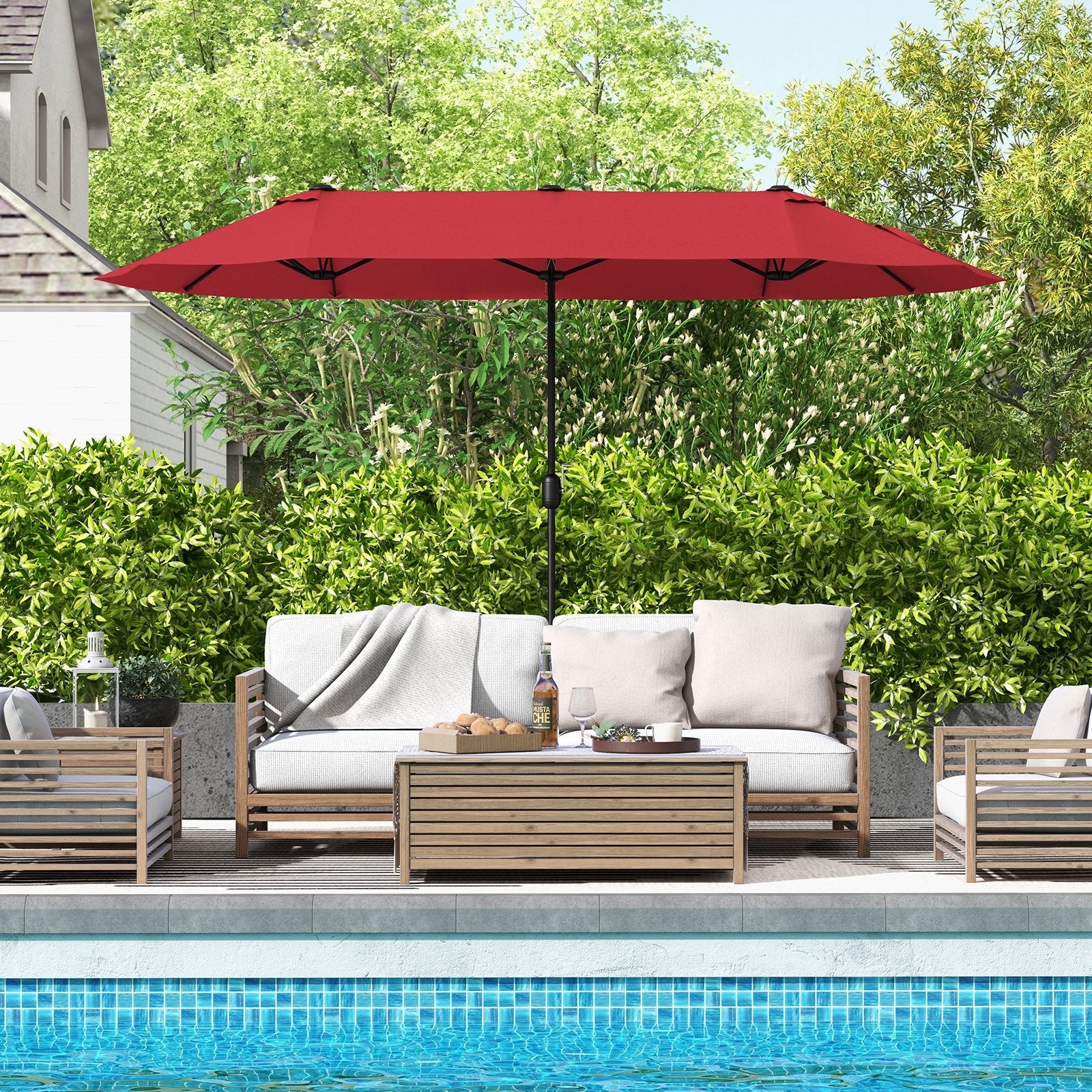 13 Feet Double-Sided Patio Twin Table Umbrella with Crank Handle-Beige