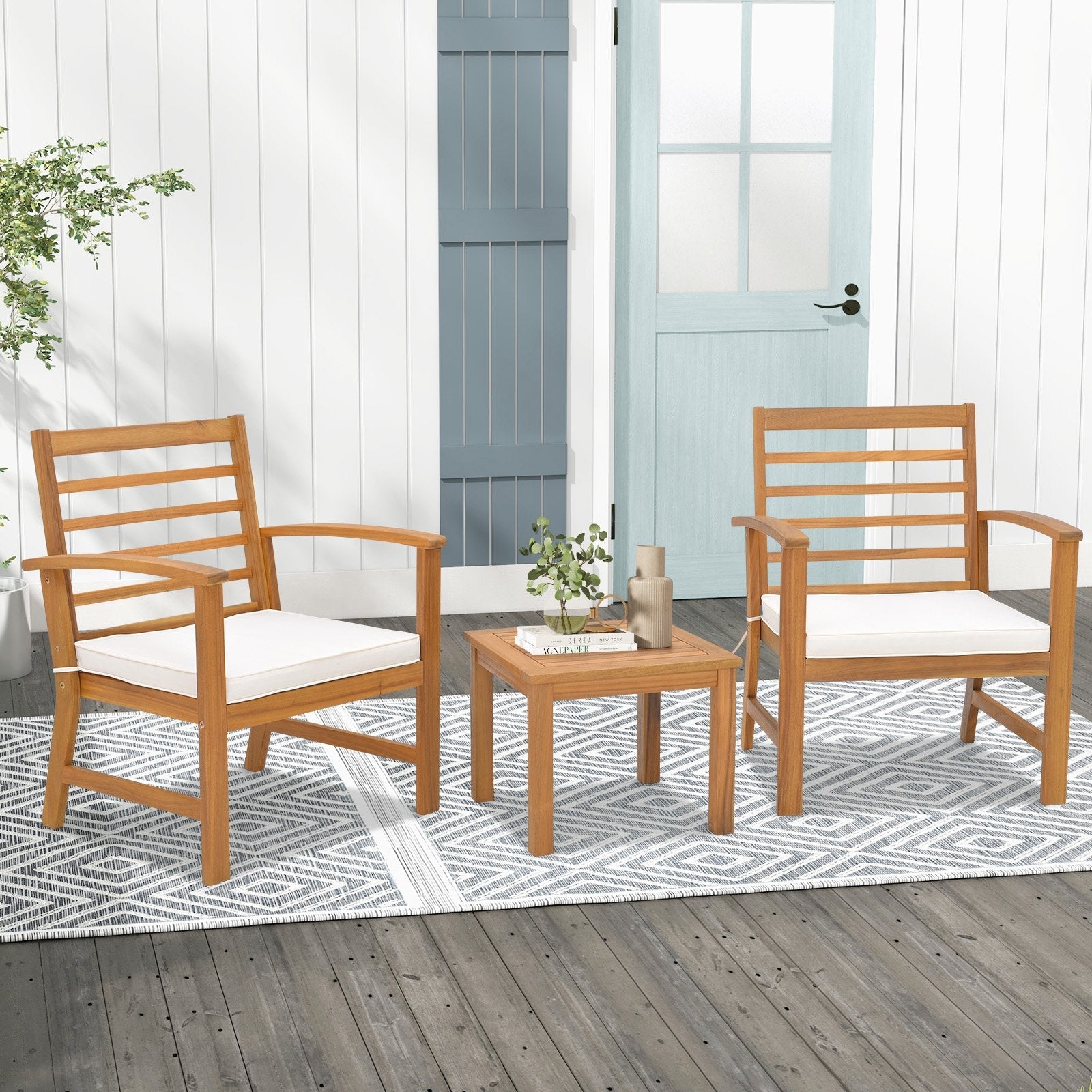 3 Pieces Outdoor Furniture Set with Soft Seat Cushions-Gray