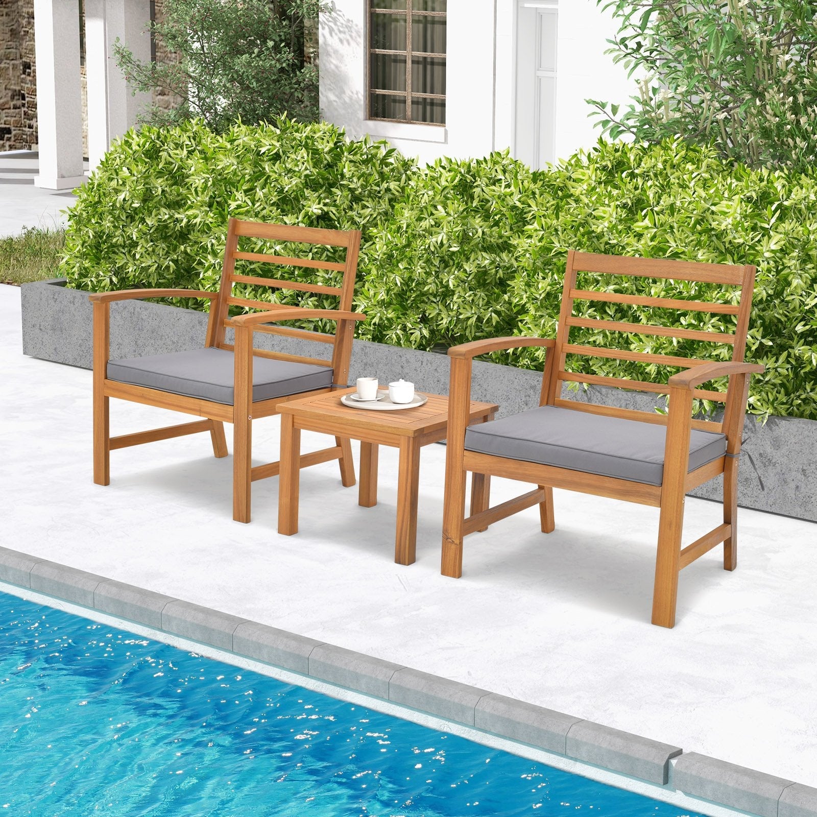 3 Pieces Outdoor Furniture Set with Soft Seat Cushions-Gray