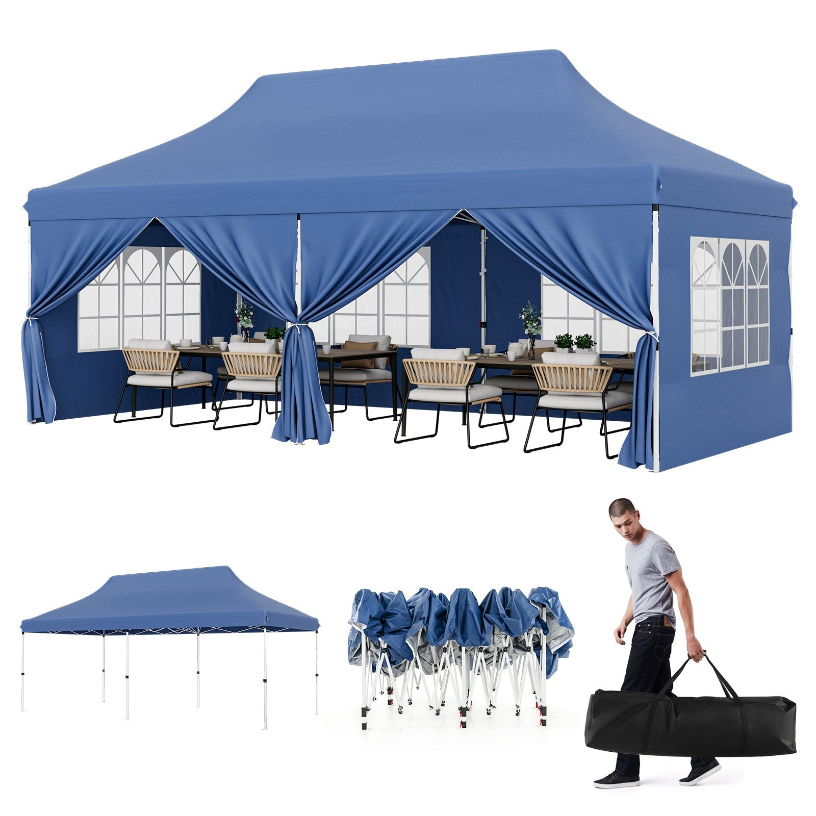 10 x 20 FT Pop up Canopy with 6 Sidewalls and Windows and Carrying Bag for Party Wedding Picnic-Black