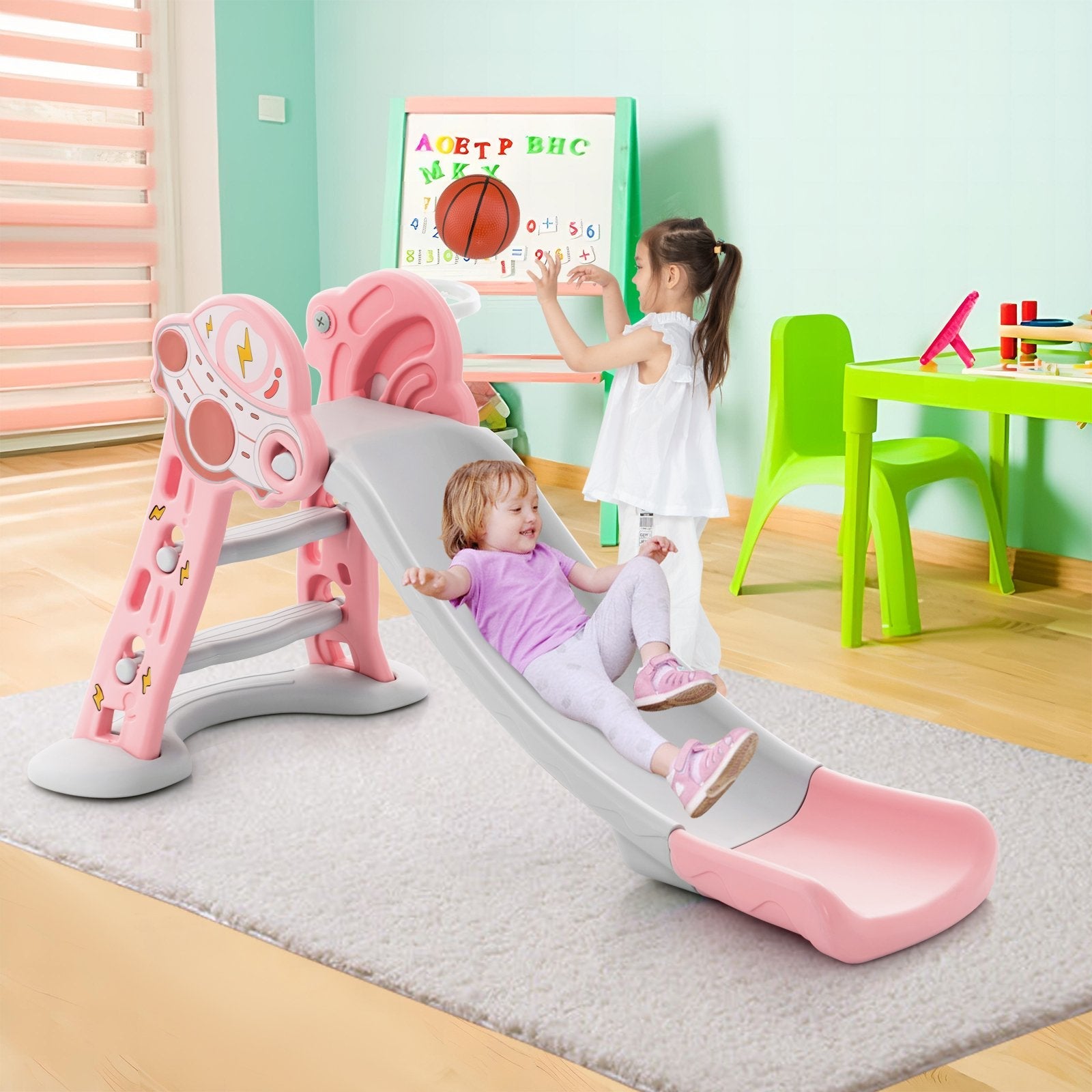 3-in-1 Folding Slide Playset with Basketball Hoop and Small Basketball-Blue