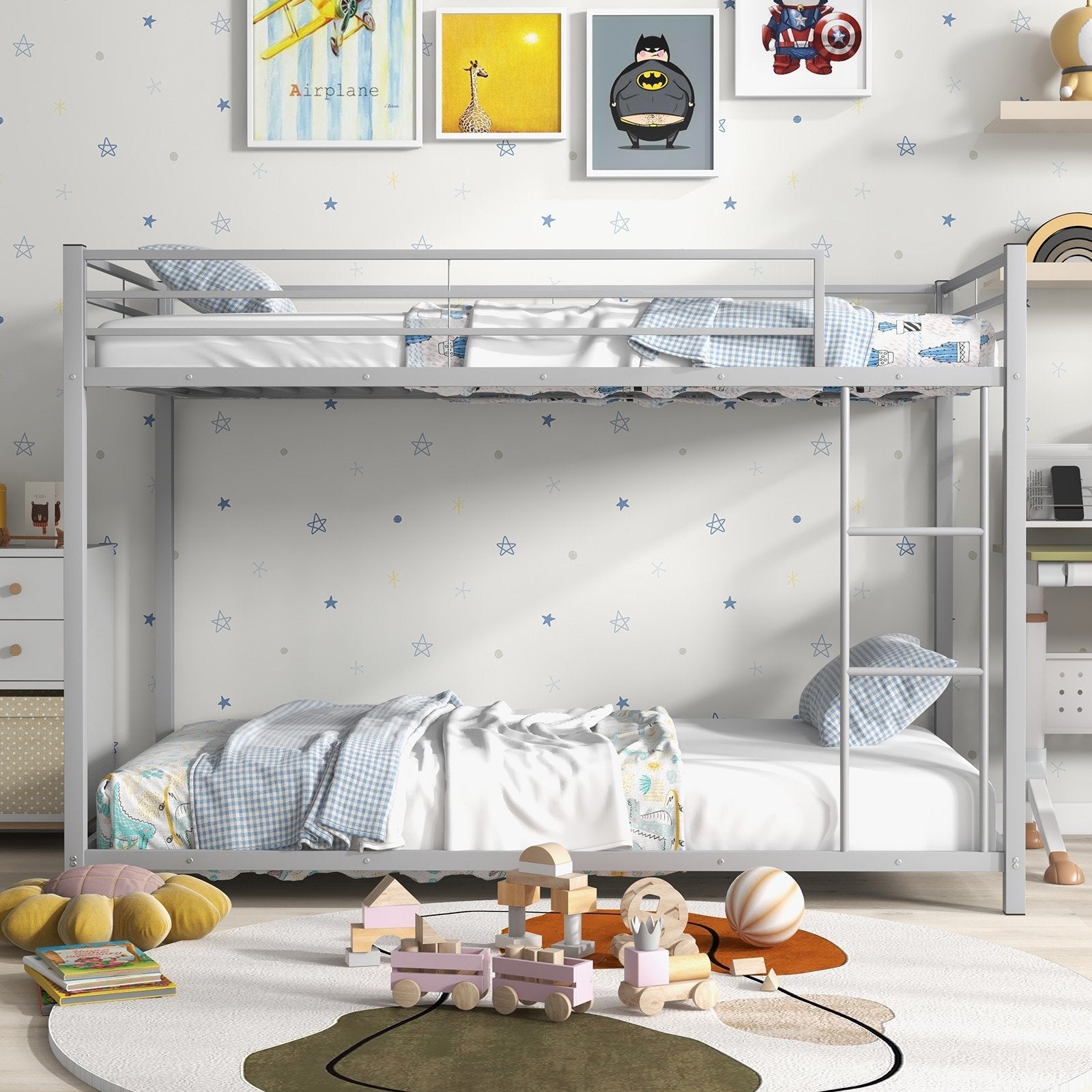 Low Profile Twin Over Twin Metal Bunk Bed with Full-length Guardrails-Black
