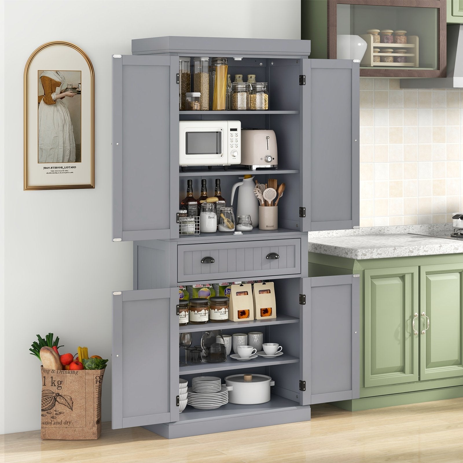 Cupboard Freestanding Kitchen Cabinet w/ Adjustable Shelves-Black