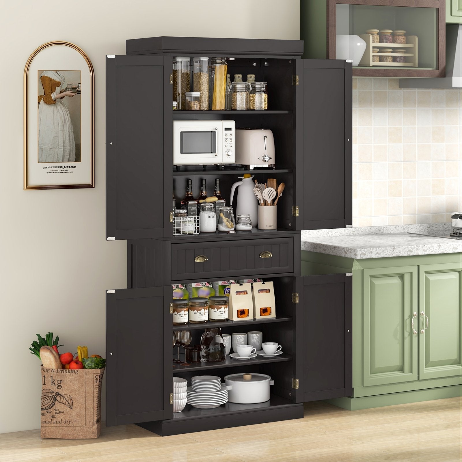 Cupboard Freestanding Kitchen Cabinet w/ Adjustable Shelves-Black