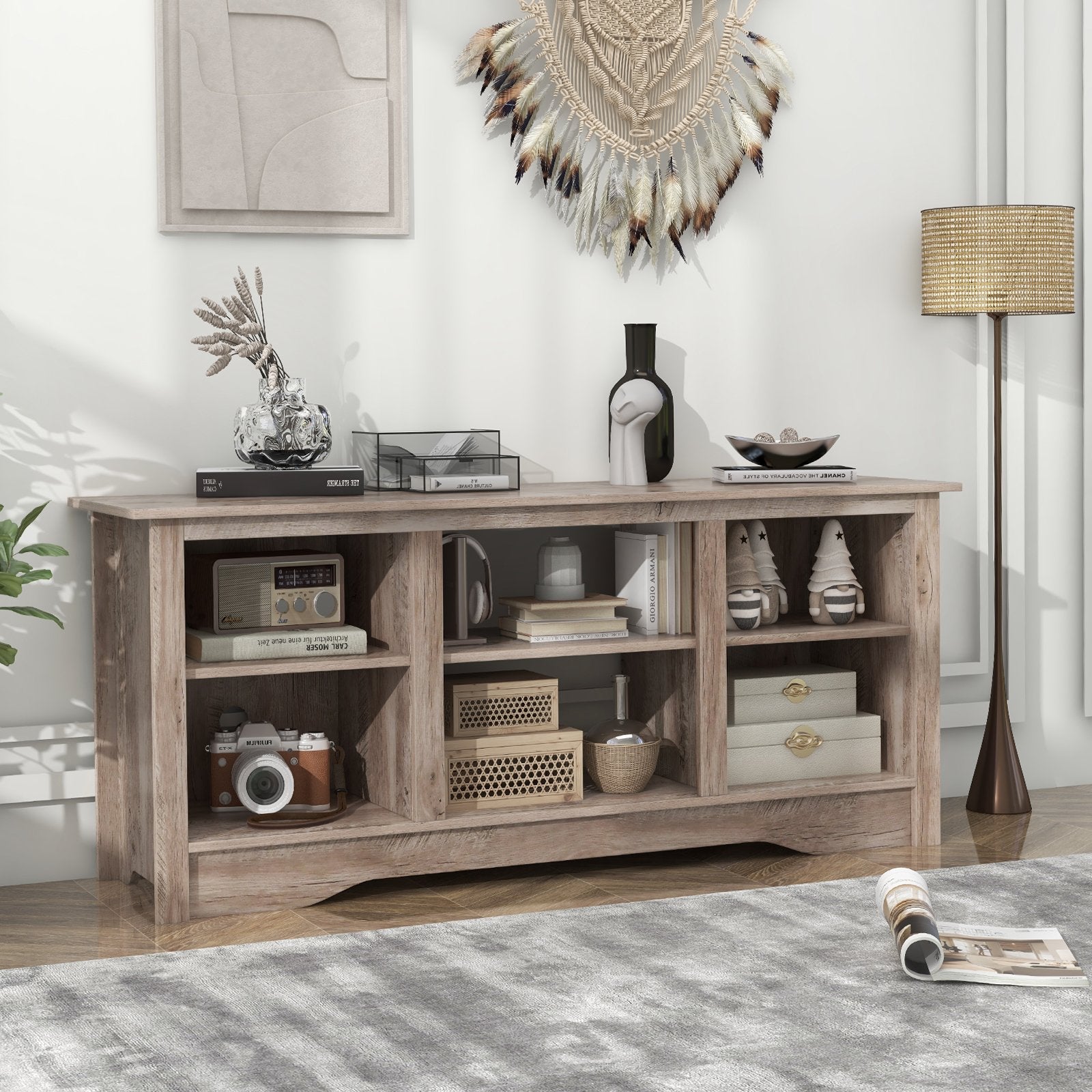 TV Stand for up to 65 Inch Flat Screen TVs with Adjustable Shelves for 18 Inch Electric Fireplace (Not Included)-Black