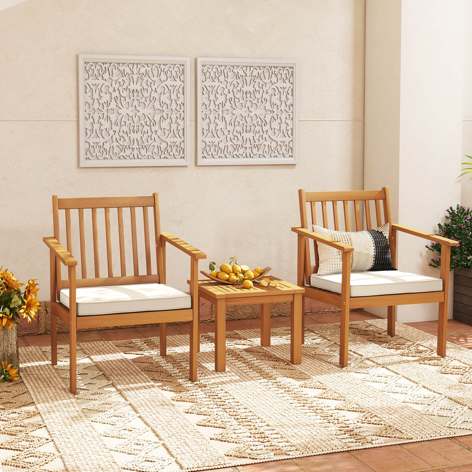 3 Pieces Patio Wood Furniture Set with soft Cushions for Porch-Gray