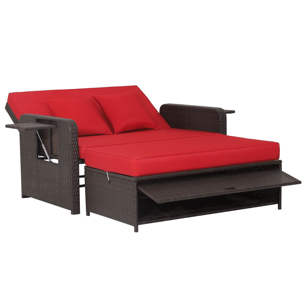 Patio Rattan Daybed with 4-Level Adjustable Backrest and Retractable Side Tray-Black