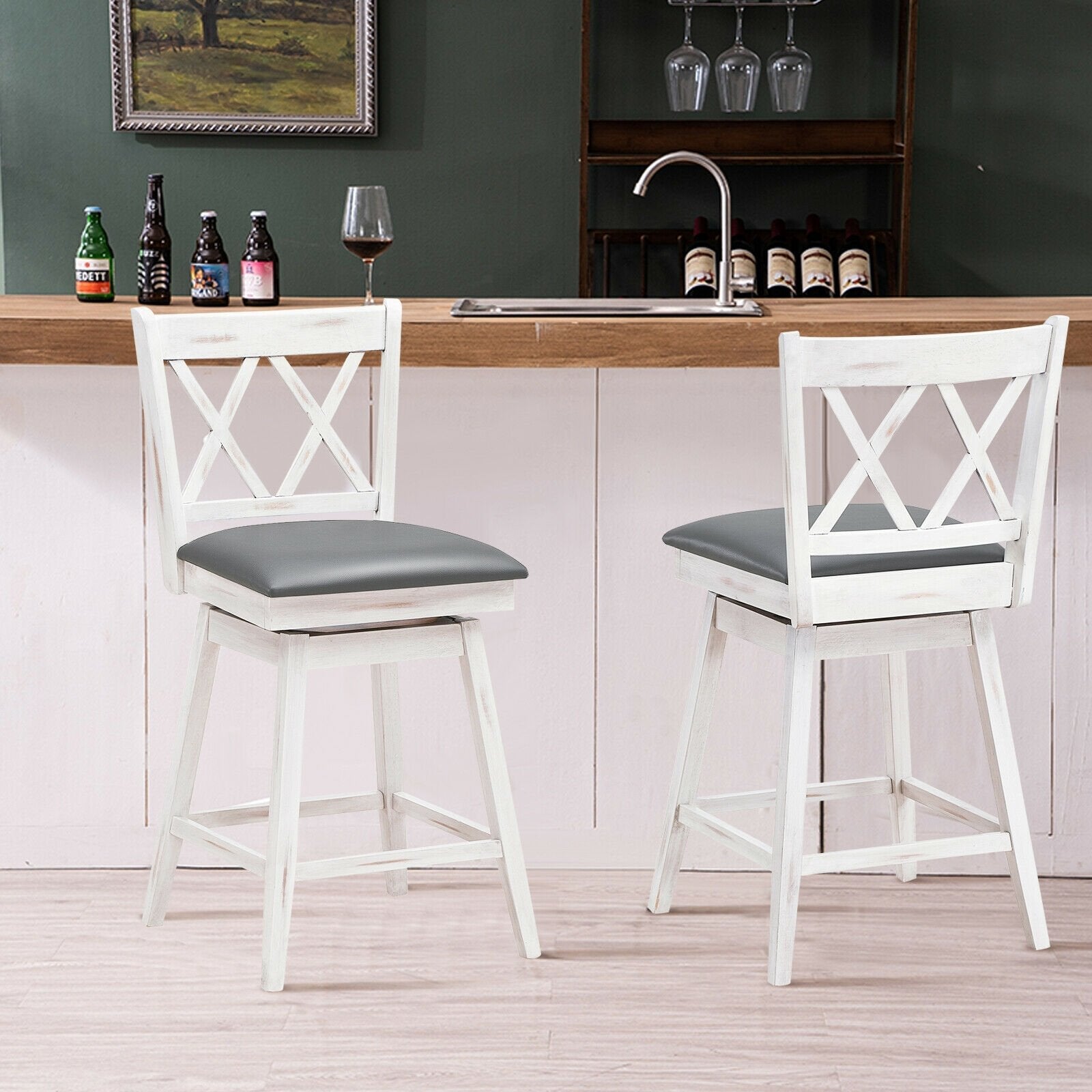 2 Pieces 24 Inch Swivel Counter Height Barstool Set with Rubber Wood Legs-Black