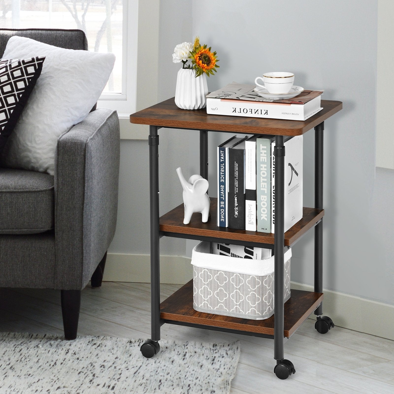3-tier Adjustable Printer Stand with 360° Swivel Casters-Black