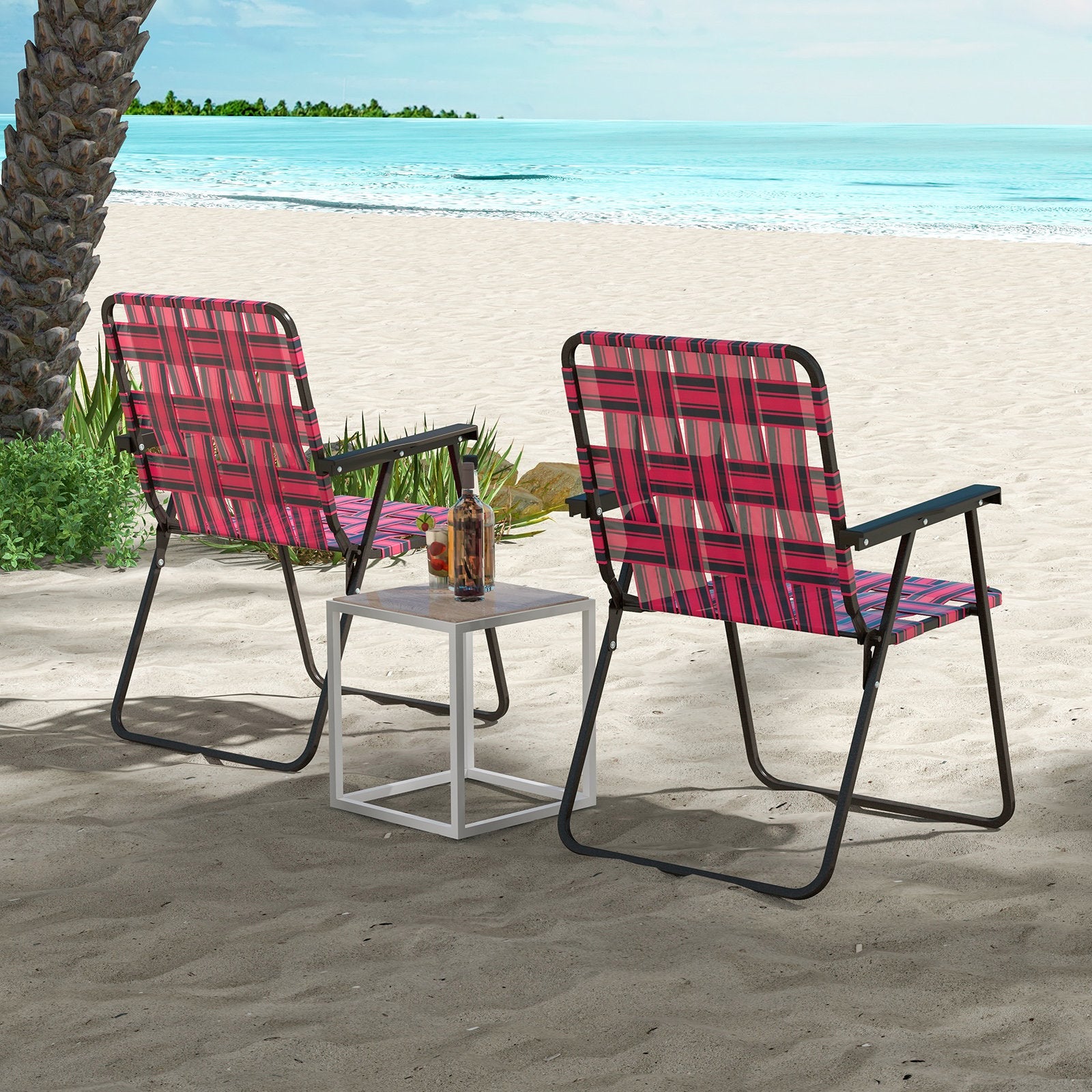 2 Pieces Folding Beach Chair Camping Lawn Webbing Chair-Blue