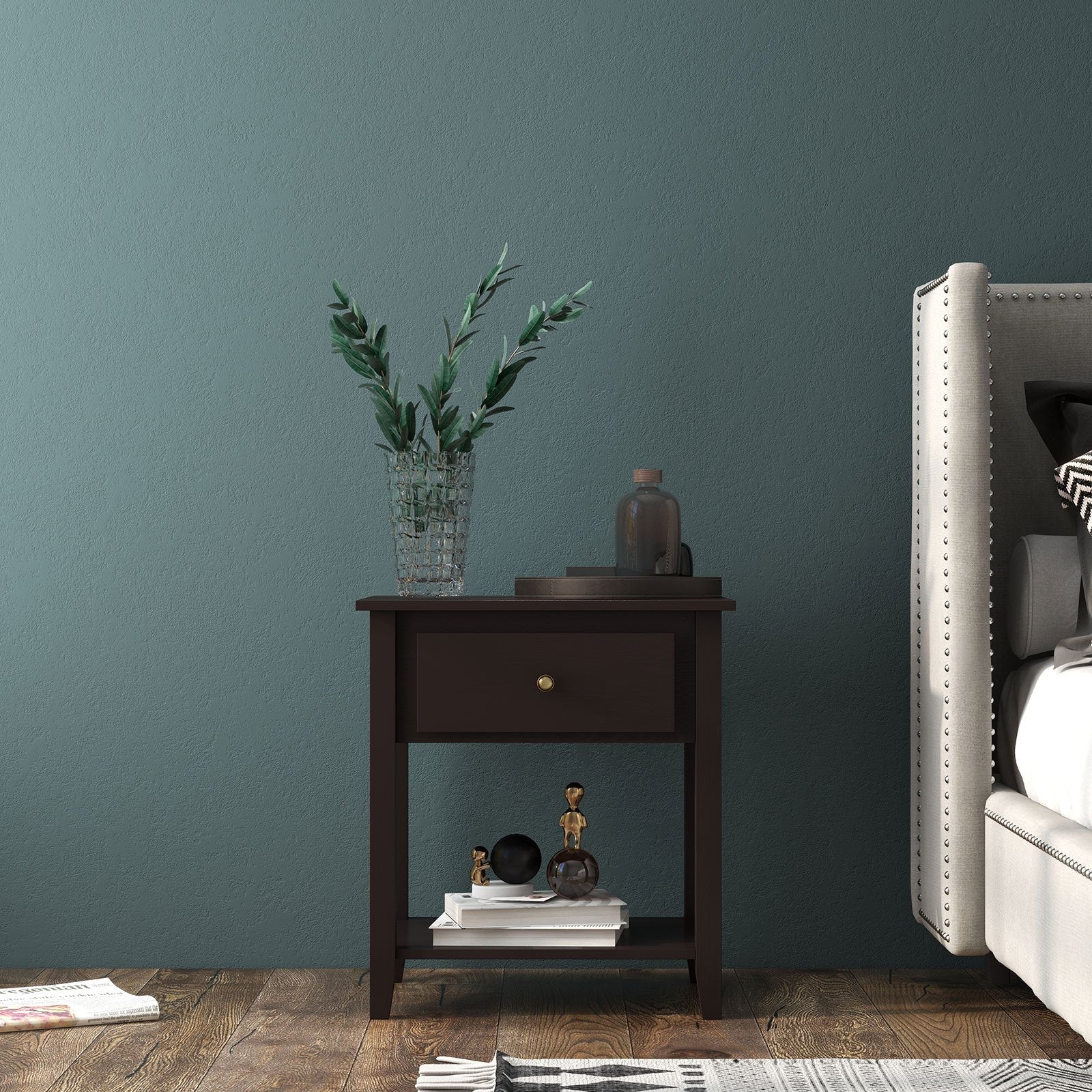 Nightstand with Drawer and Storage Shelf for Bedroom Living Room-Black