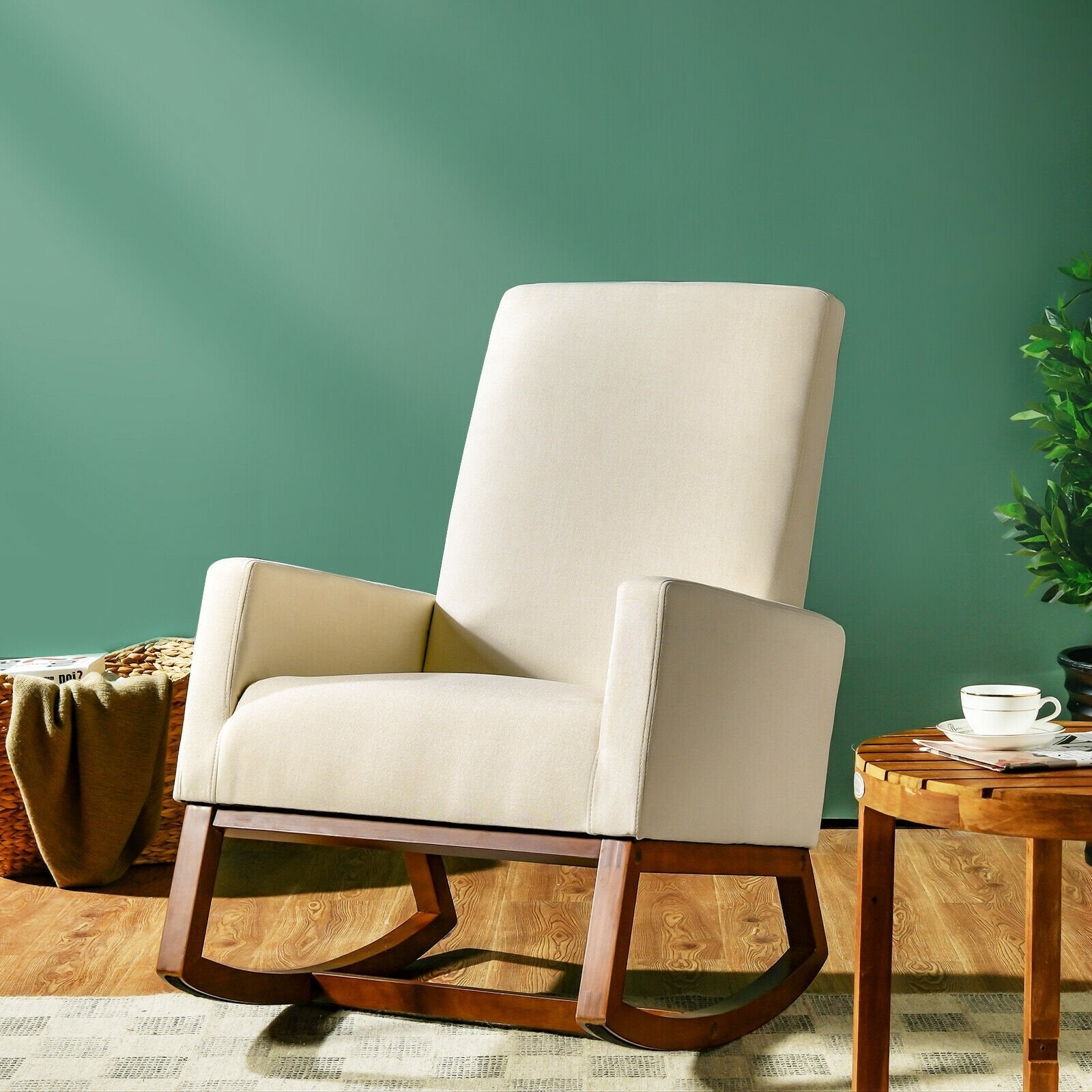Rocking High Back Upholstered Lounge Armchair with Side Pocket-Beige