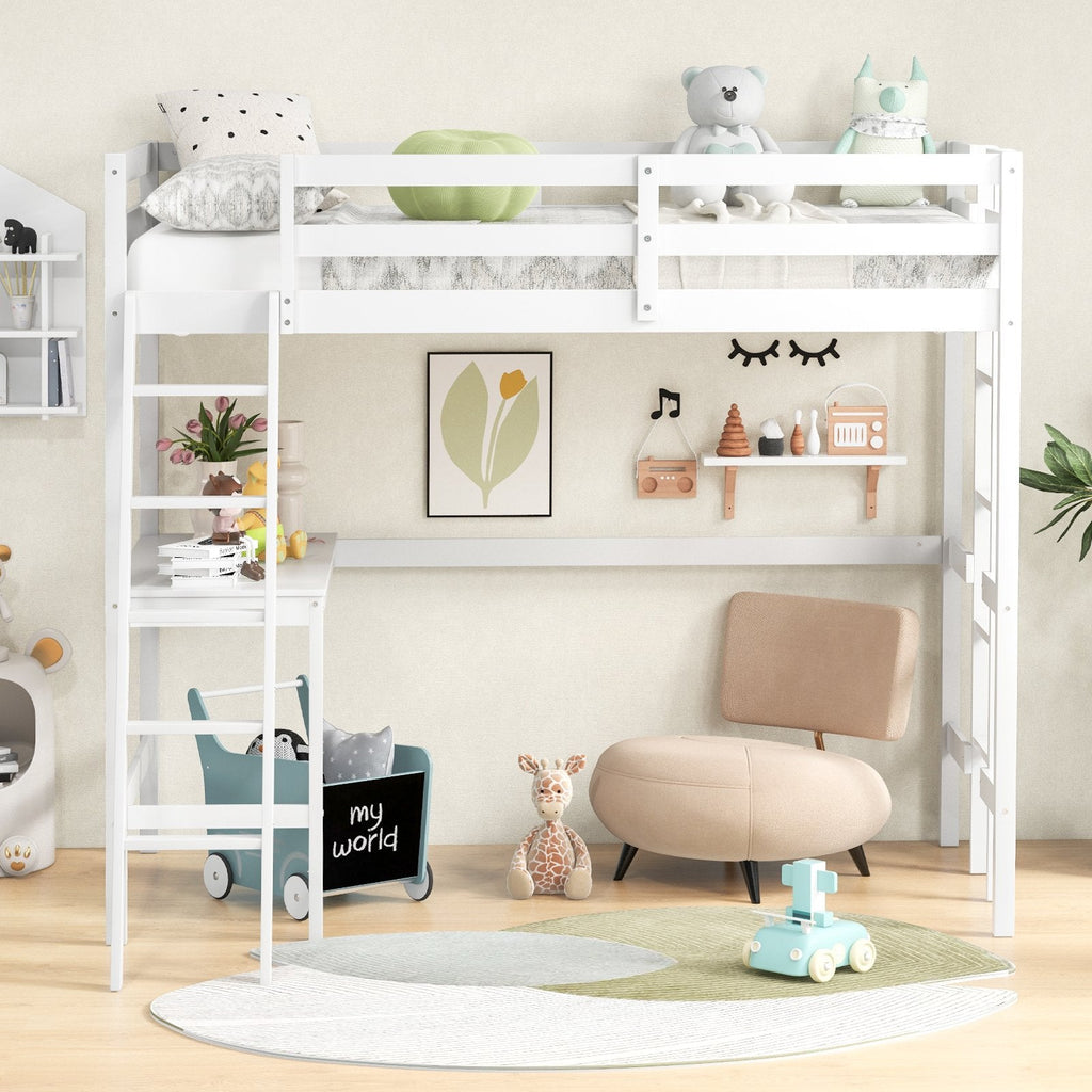 Twin Size Loft Bed Frame with Desk Angled and Built-in Ladder-Dark Brown