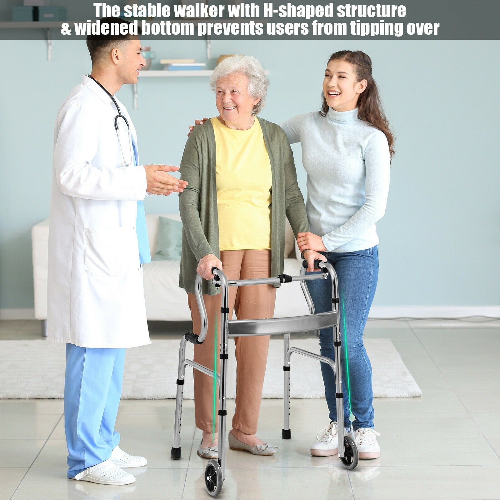 Aluminum Heavy-Duty Folding Wheeled Stand-Assist Walker-Blue