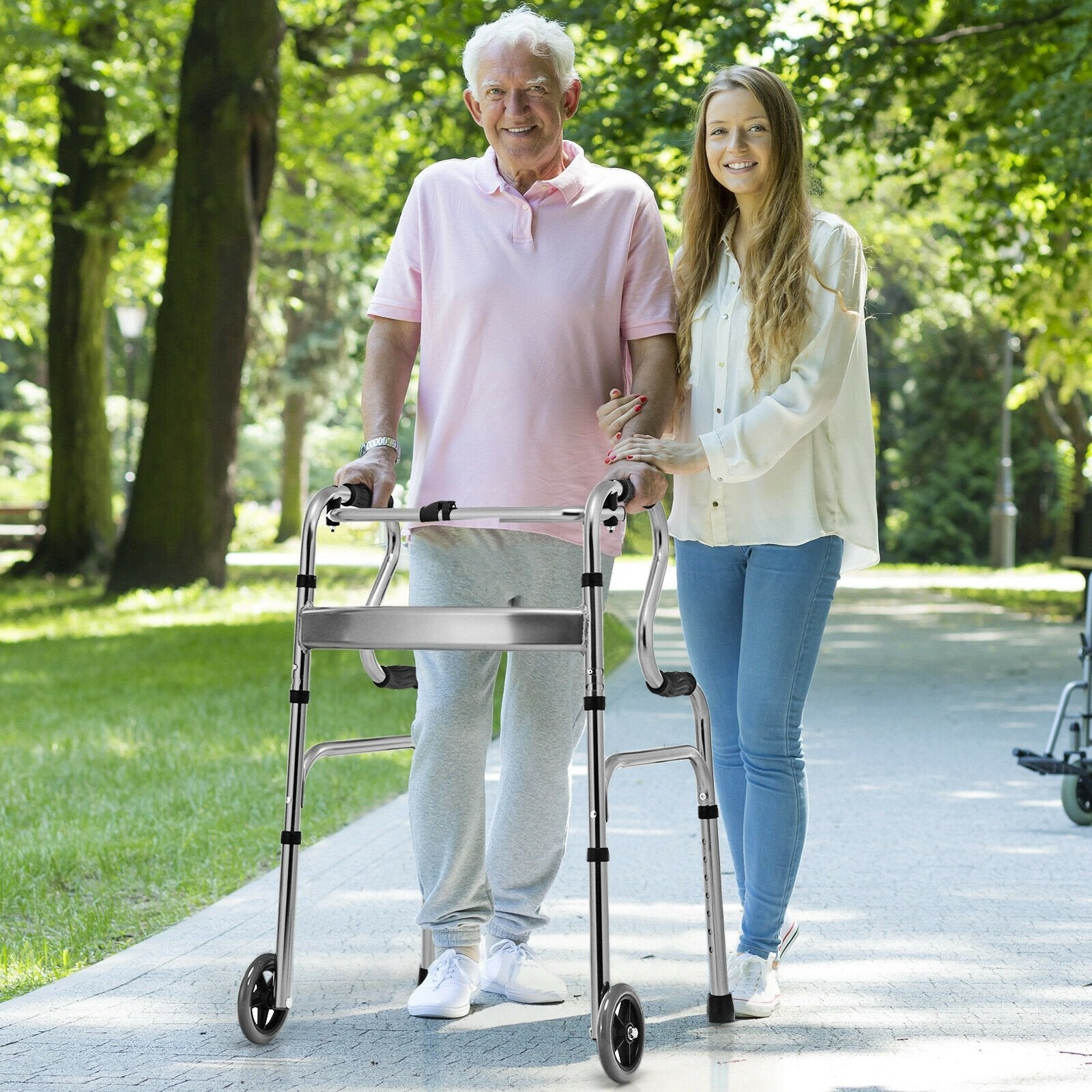 Aluminum Heavy-Duty Folding Wheeled Stand-Assist Walker-Blue