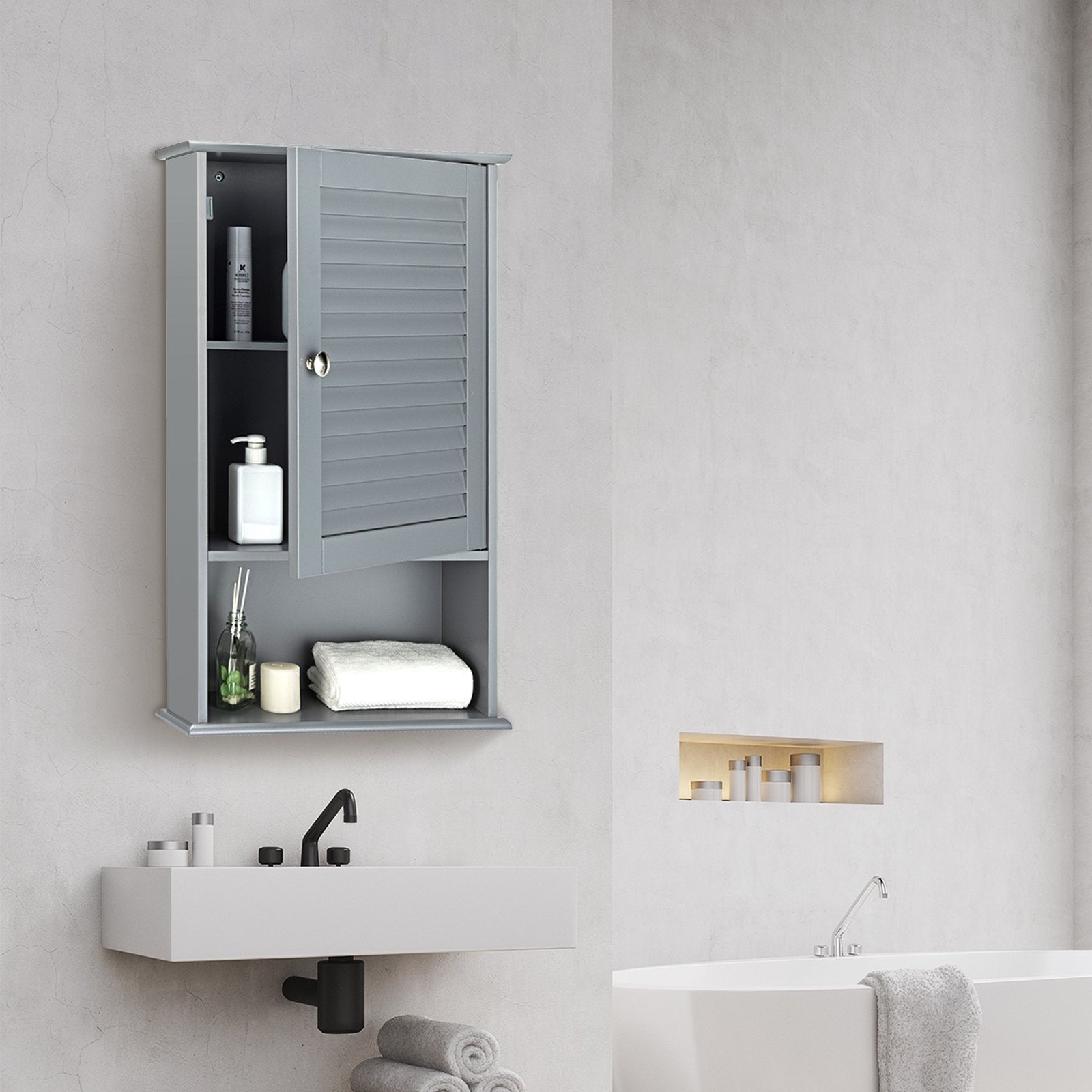 Bathroom Wall Mount Storage Cabinet Single Door with Height Adjustable Shelf-Gray