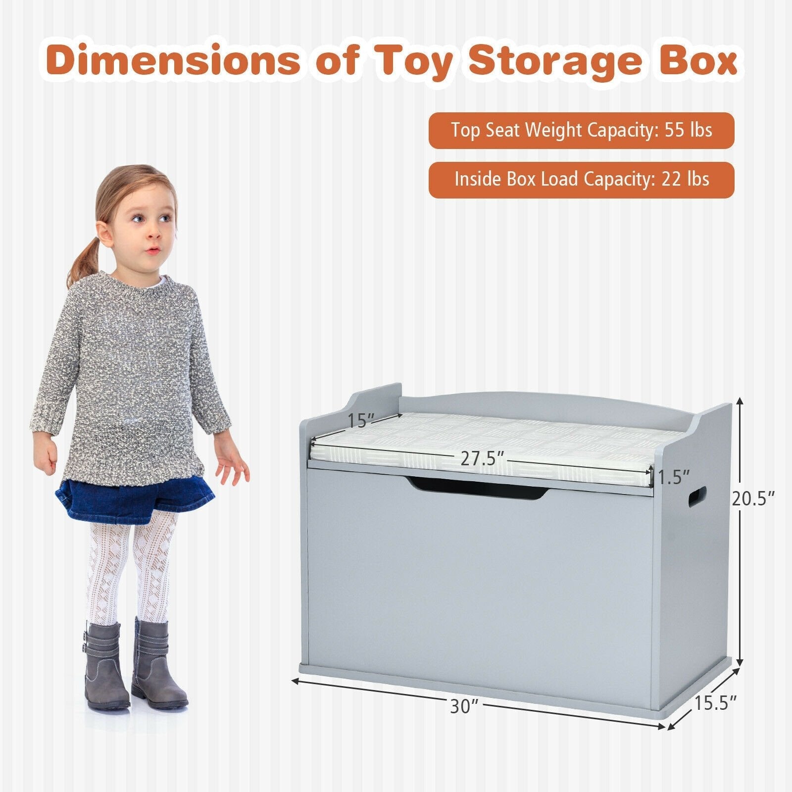 Kids Toy Wooden Flip-top Storage Box Chest Bench with Cushion Hinge-Brown