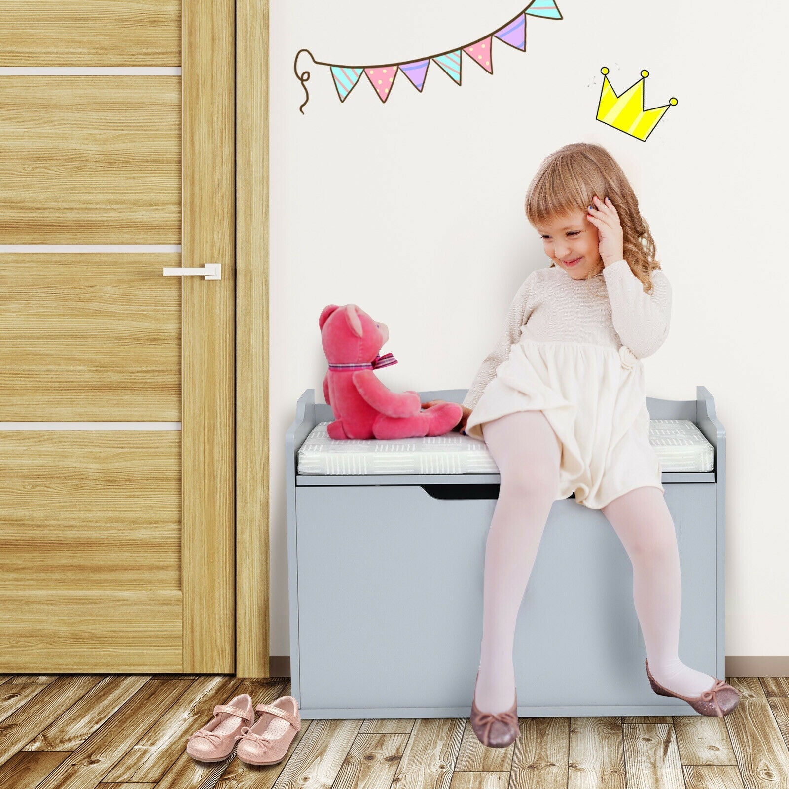 Kids Toy Wooden Flip-top Storage Box Chest Bench with Cushion Hinge-Brown
