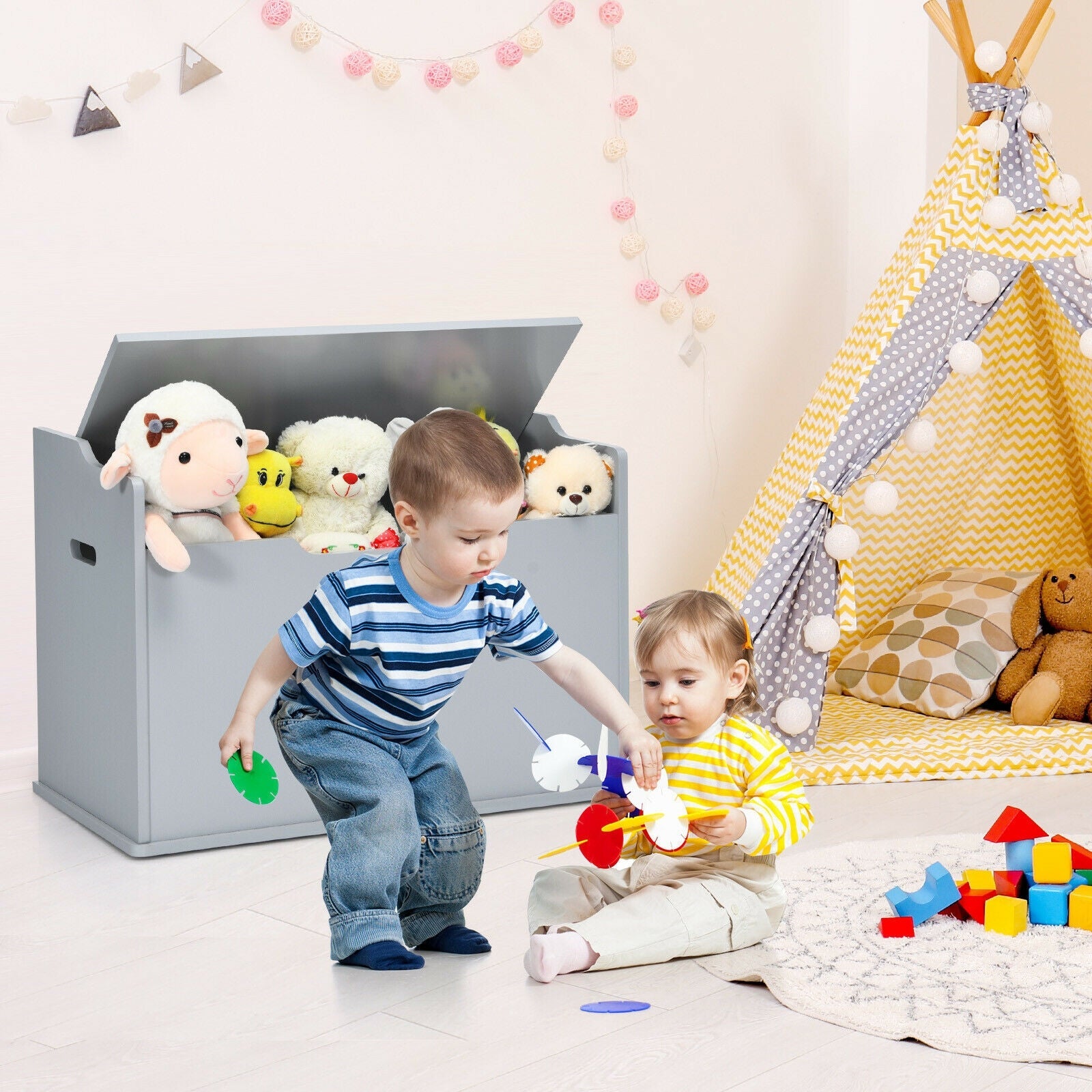 Kids Toy Wooden Flip-top Storage Box Chest Bench with Cushion Hinge-Brown