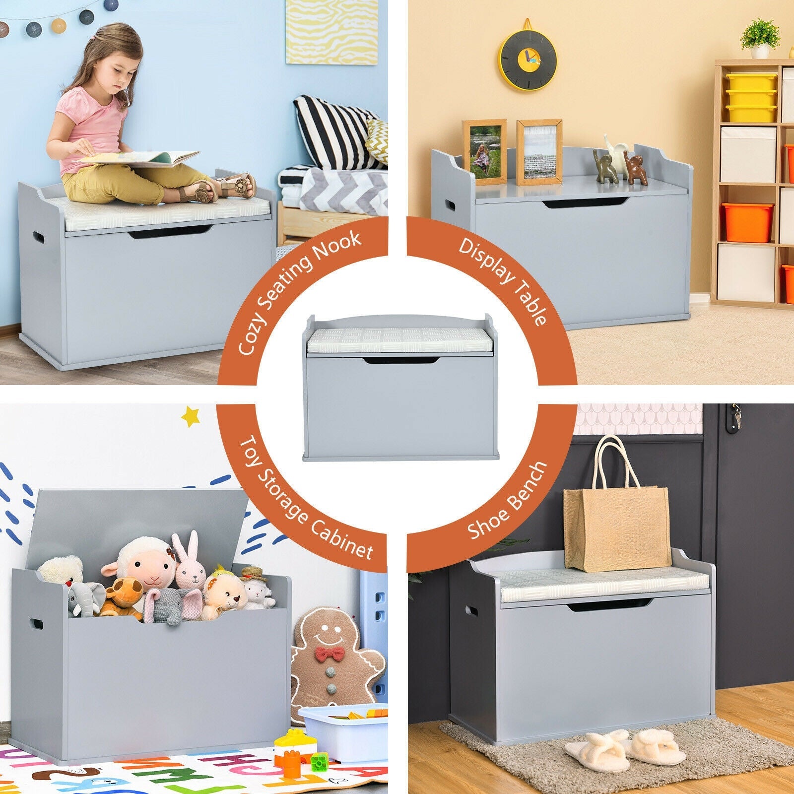Kids Toy Wooden Flip-top Storage Box Chest Bench with Cushion Hinge-Brown