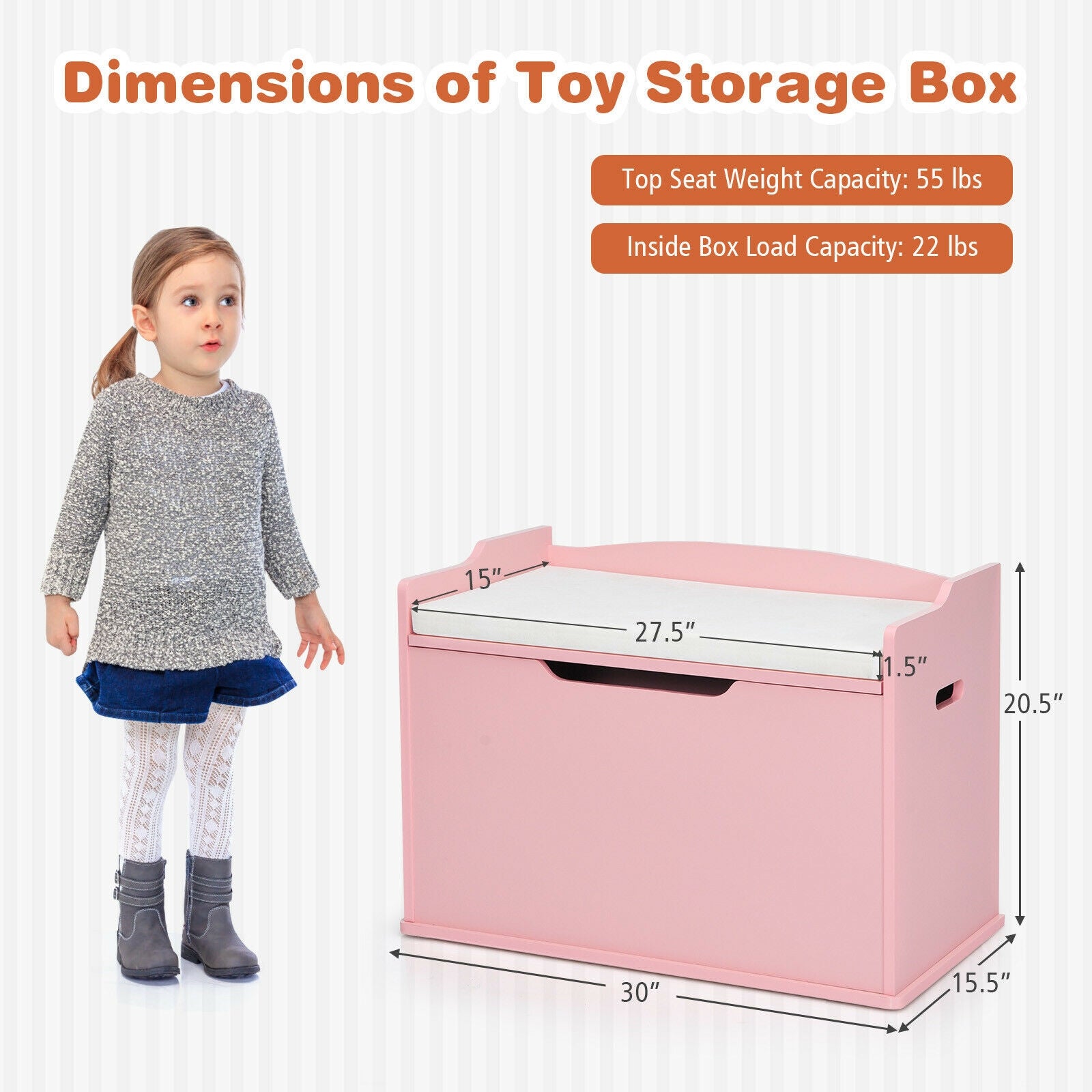 Kids Toy Wooden Flip-top Storage Box Chest Bench with Cushion Hinge-Brown