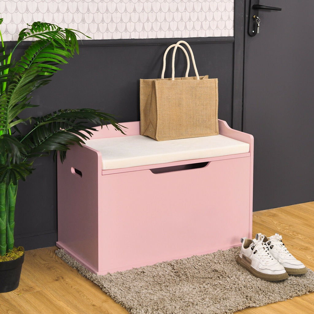 Kids Toy Wooden Flip-top Storage Box Chest Bench with Cushion Hinge-Brown