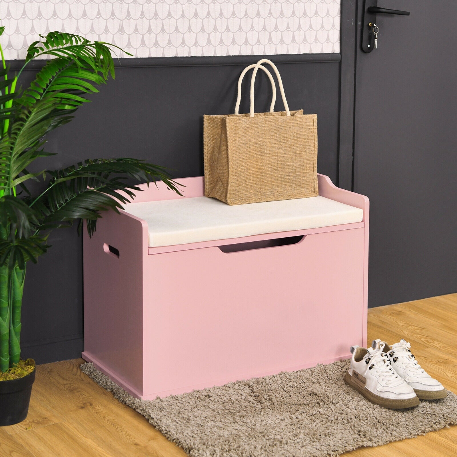 Kids Toy Wooden Flip-top Storage Box Chest Bench with Cushion Hinge-Brown