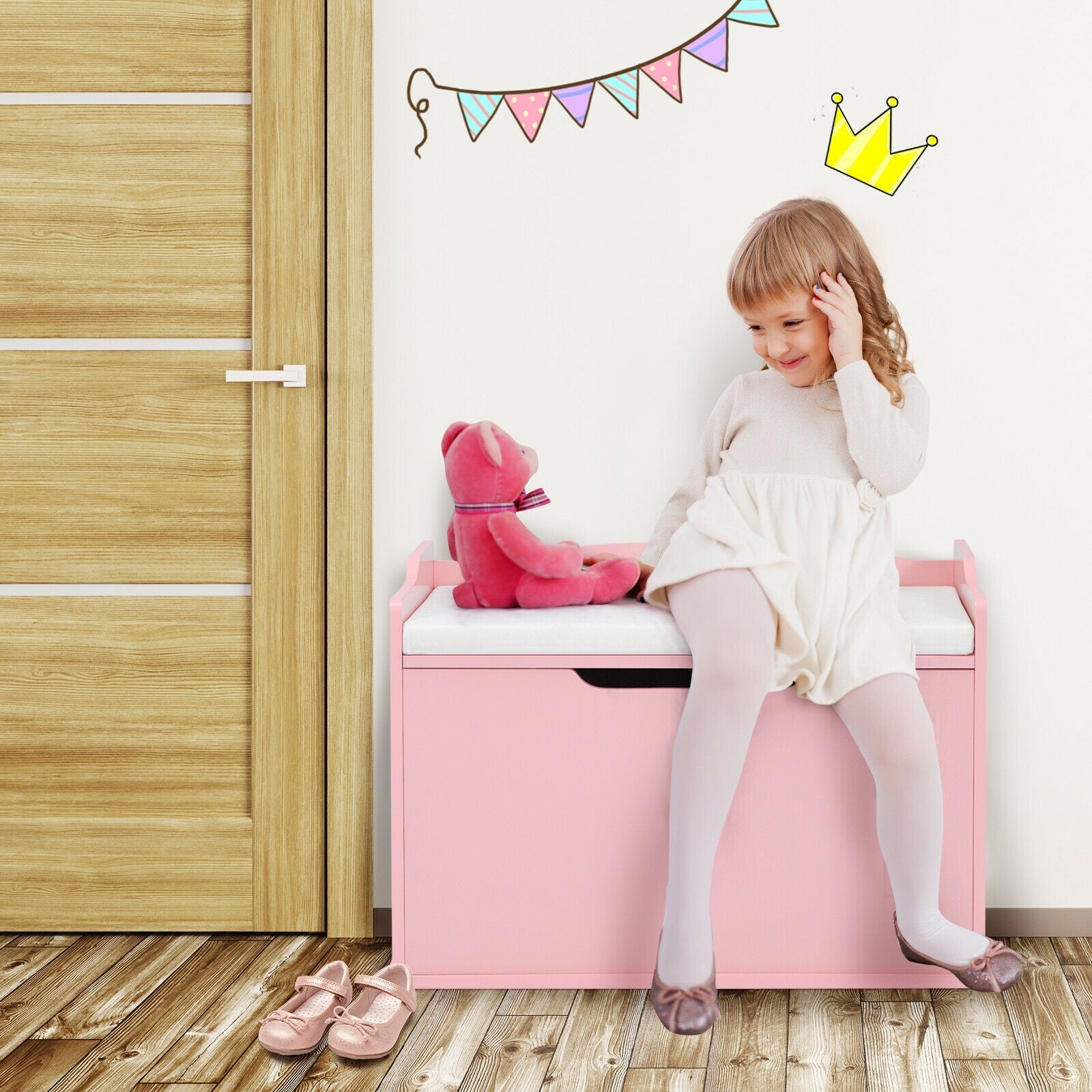 Kids Toy Wooden Flip-top Storage Box Chest Bench with Cushion Hinge-Brown