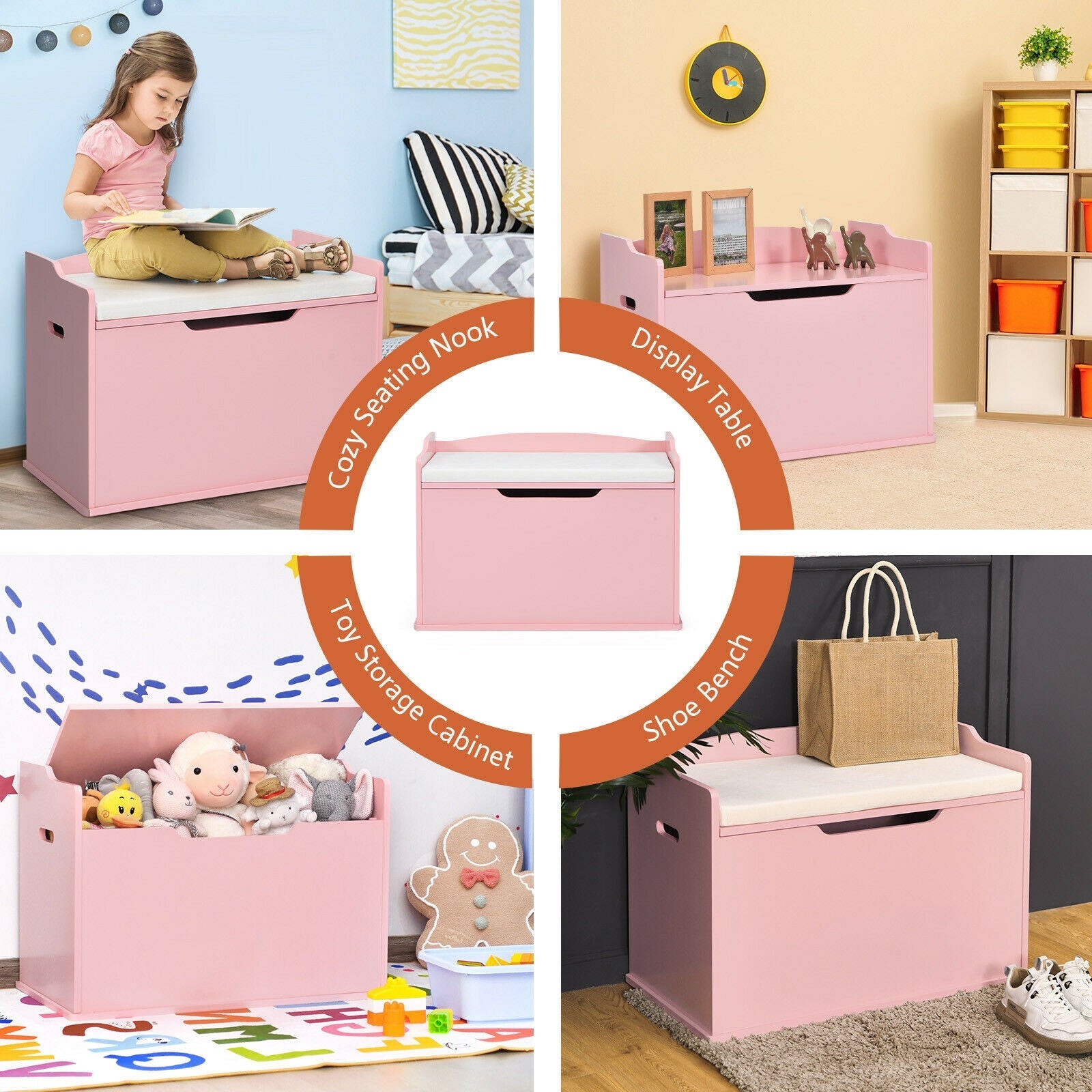 Kids Toy Wooden Flip-top Storage Box Chest Bench with Cushion Hinge-Brown