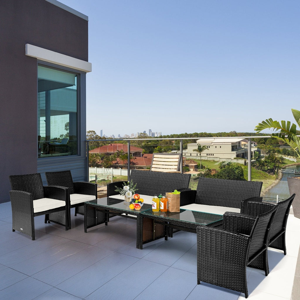 4 Pieces Patio Rattan Cushioned Furniture Set with Coffee Table-Black