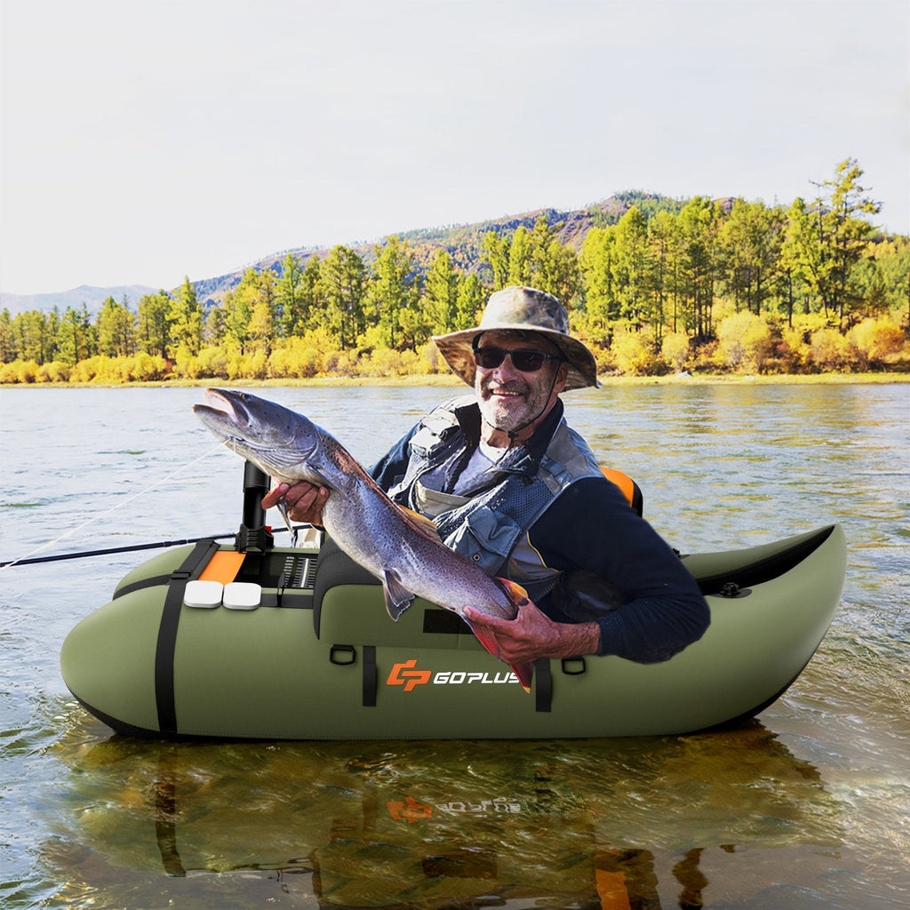 Inflatable Fishing Float Tube with Fish Ruler and Pump Storage Pockets-Beige