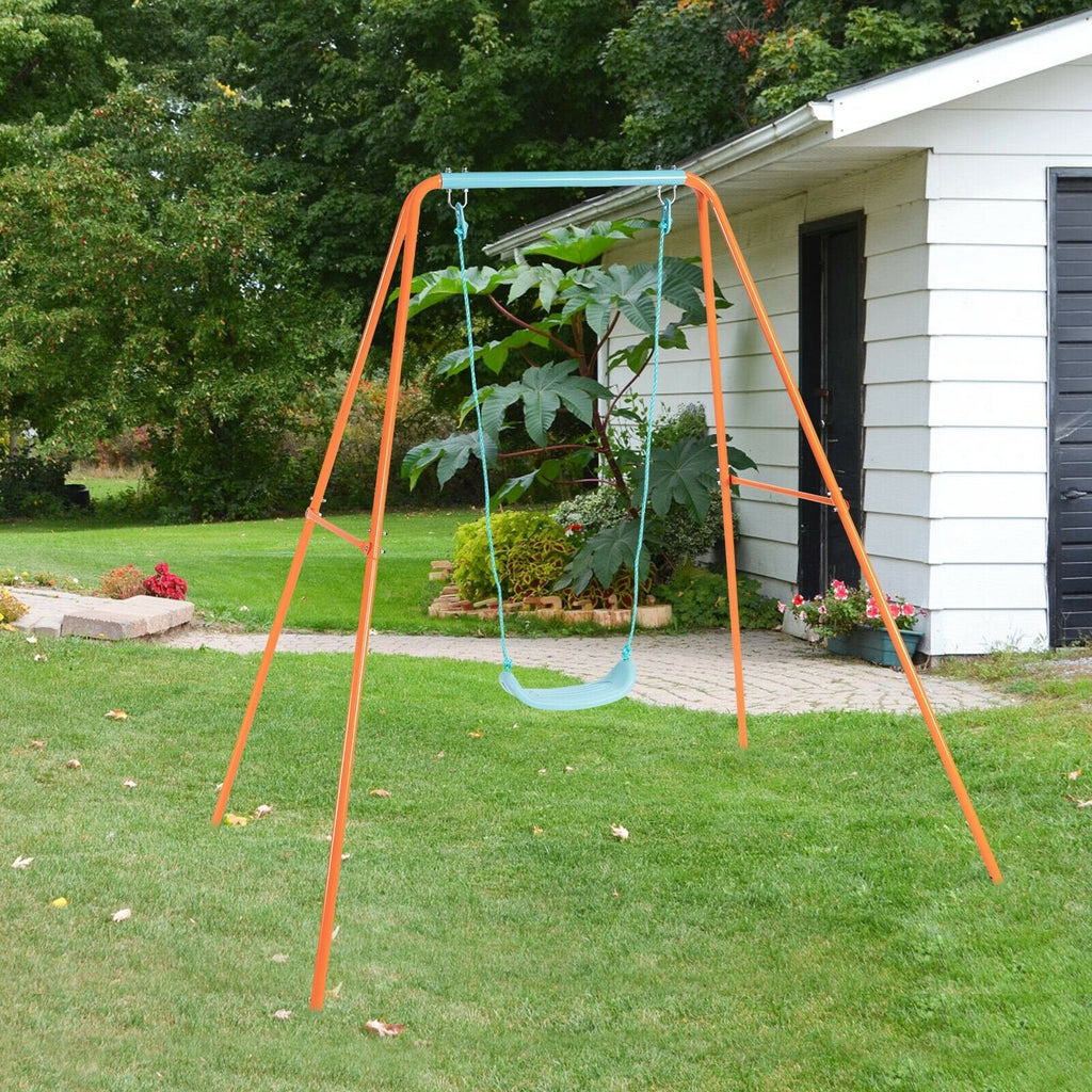 Outdoor Kids Swing Set with Heavy-Duty Metal A-Frame and Ground Stakes-Blue