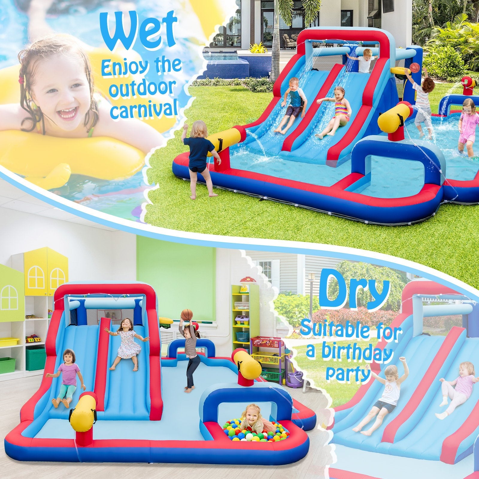 Inflatable Bounce House with 2 Water Slides and 3 Water Cannons With 680W Blower