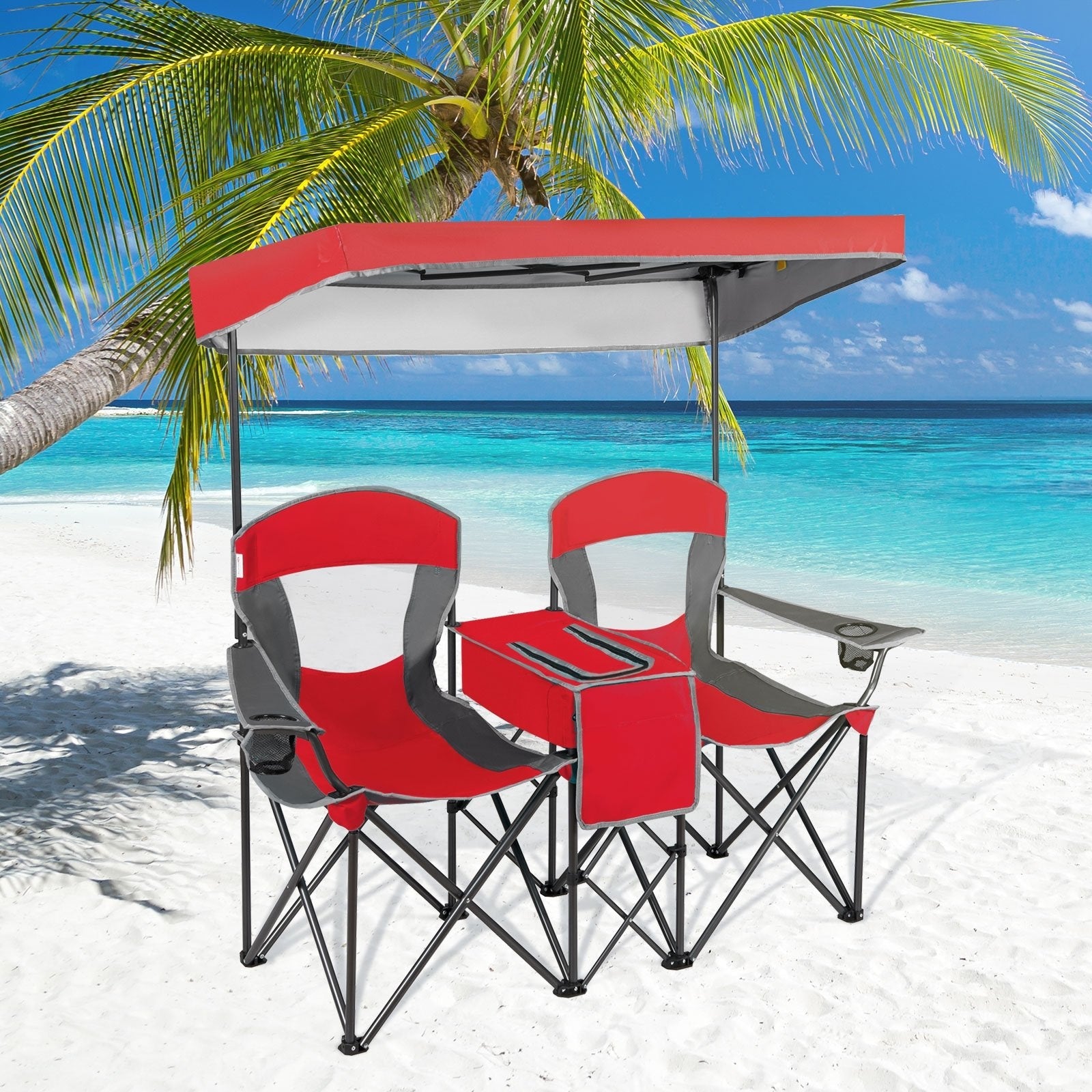 Portable Folding Camping Canopy Chairs with Cup Holder-Blue
