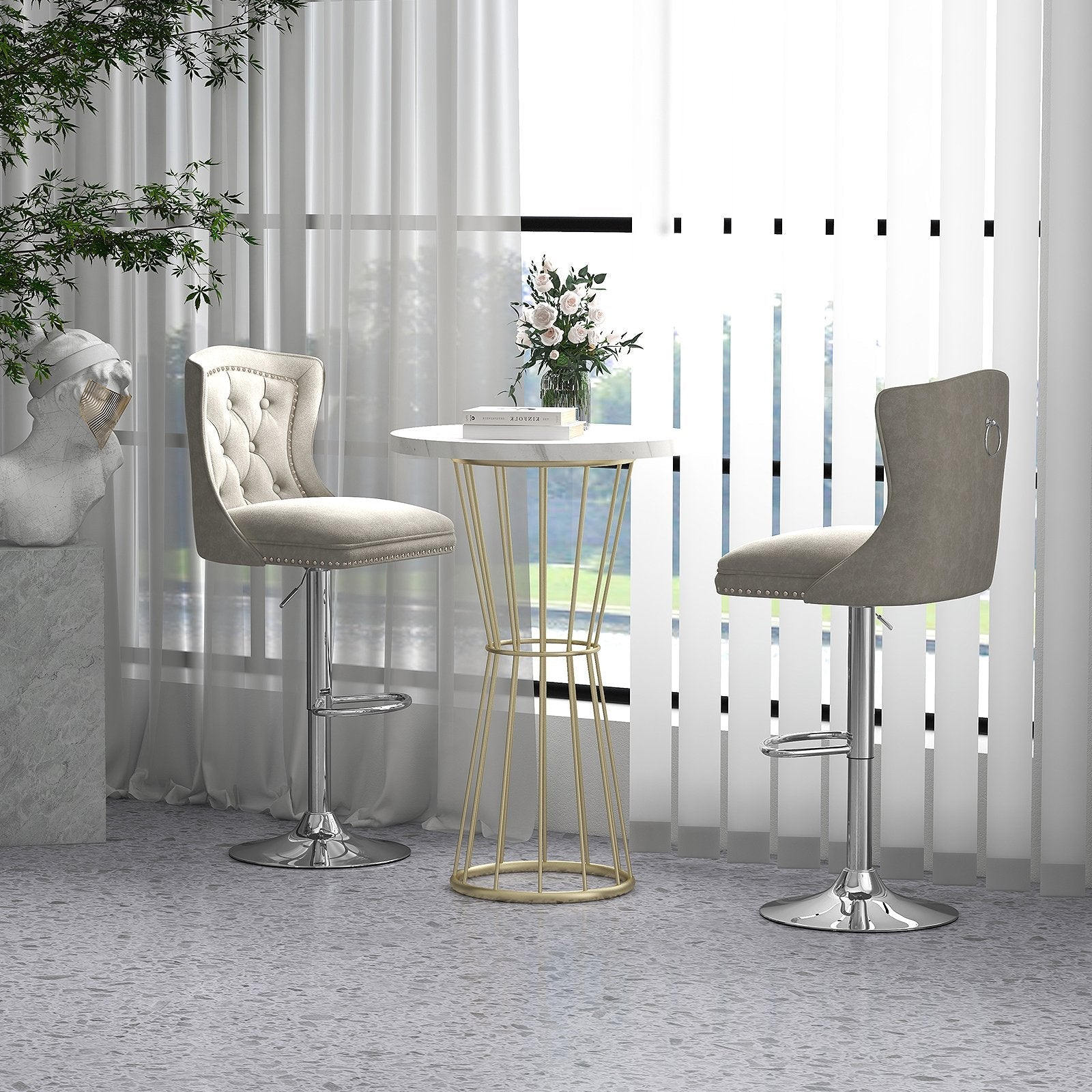 Set of 2 Bar Chairs with Footrest  Electroplated Metal Base and Anti-Slip Ring-Beige