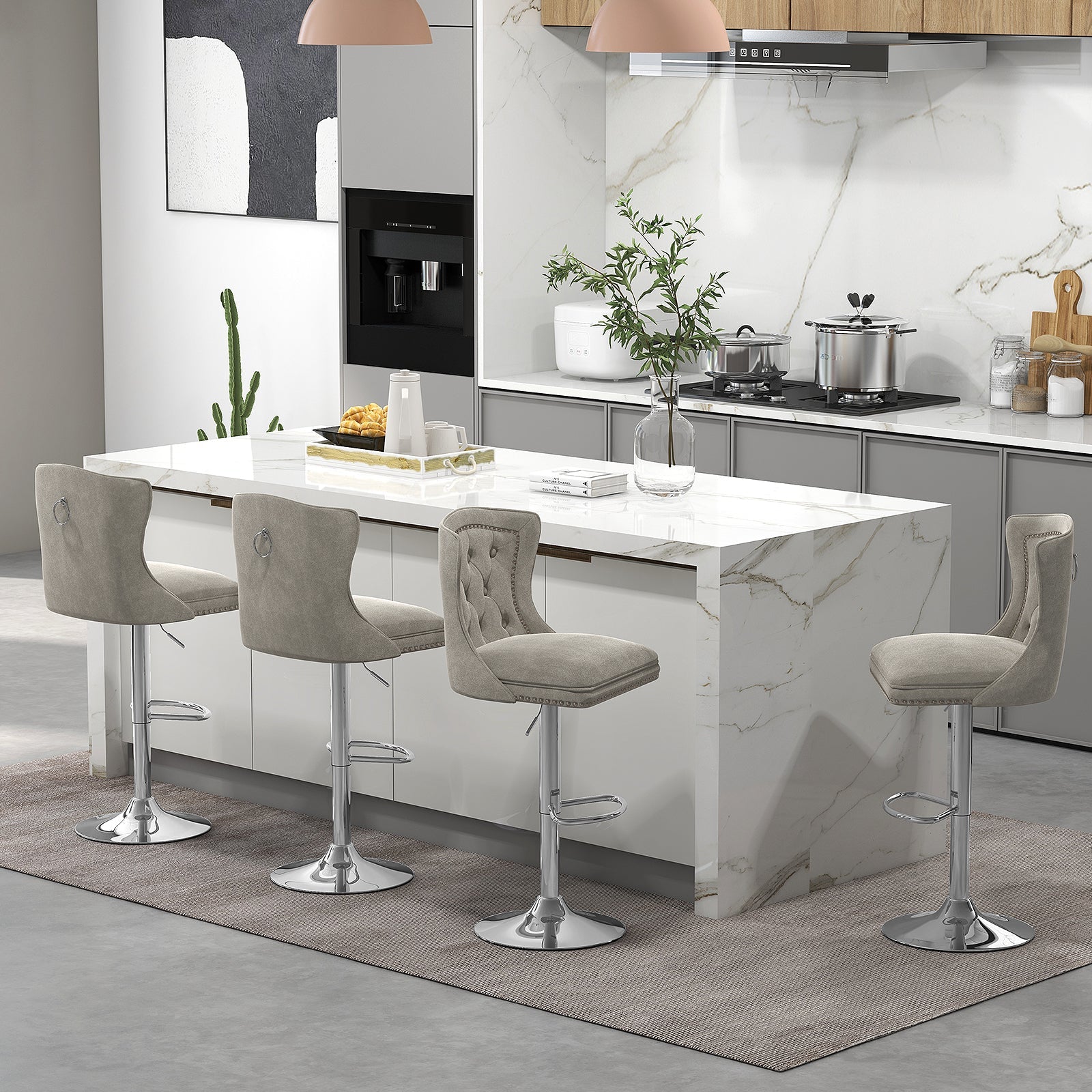 Set of 2 Bar Chairs with Footrest  Electroplated Metal Base and Anti-Slip Ring-Beige