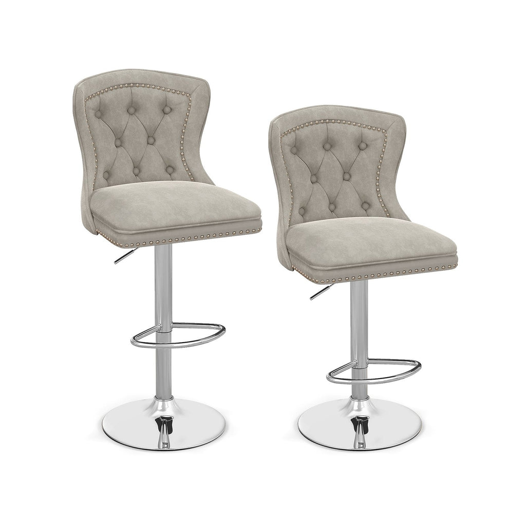 Set of 2 Bar Chairs with Footrest  Electroplated Metal Base and Anti-Slip Ring-Beige