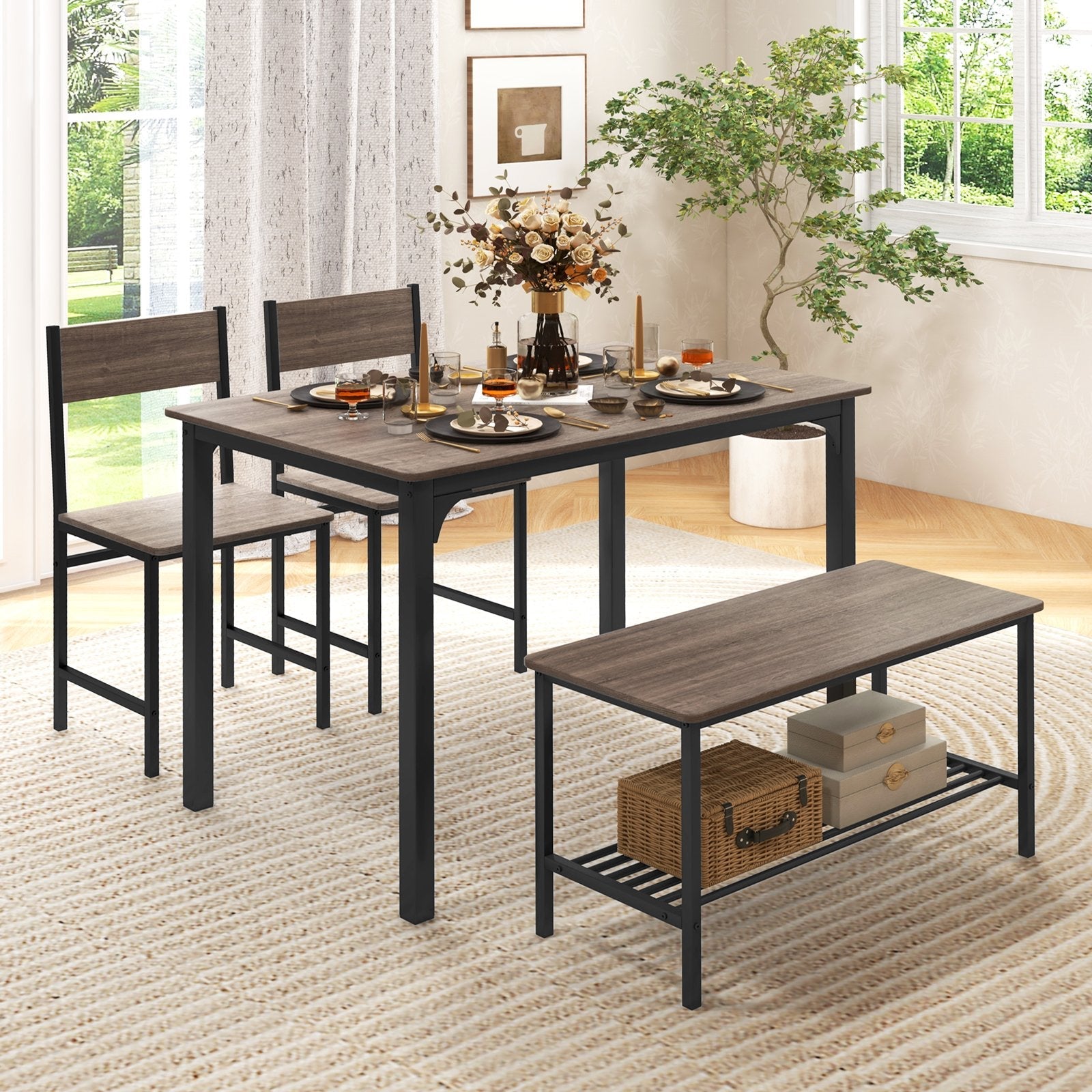 4 Pieces Rustic Dining Table Set with 2 Chairs and Bench-Brown