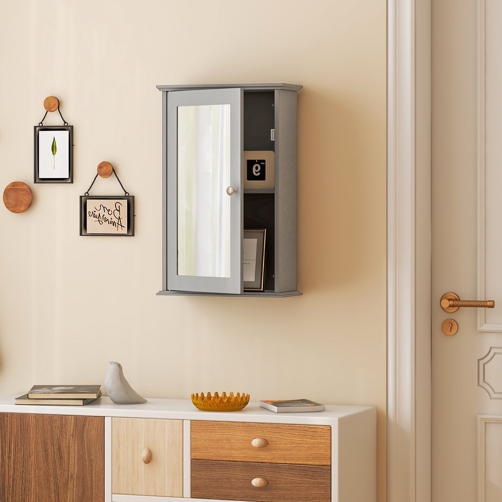 Bathroom Wall Cabinet with Single Mirror Door-Brown