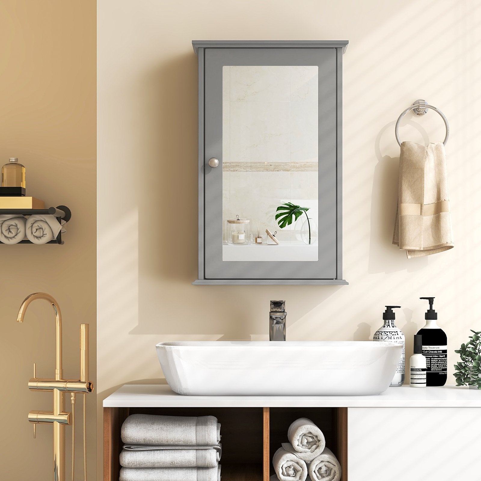 Bathroom Wall Cabinet with Single Mirror Door-Brown