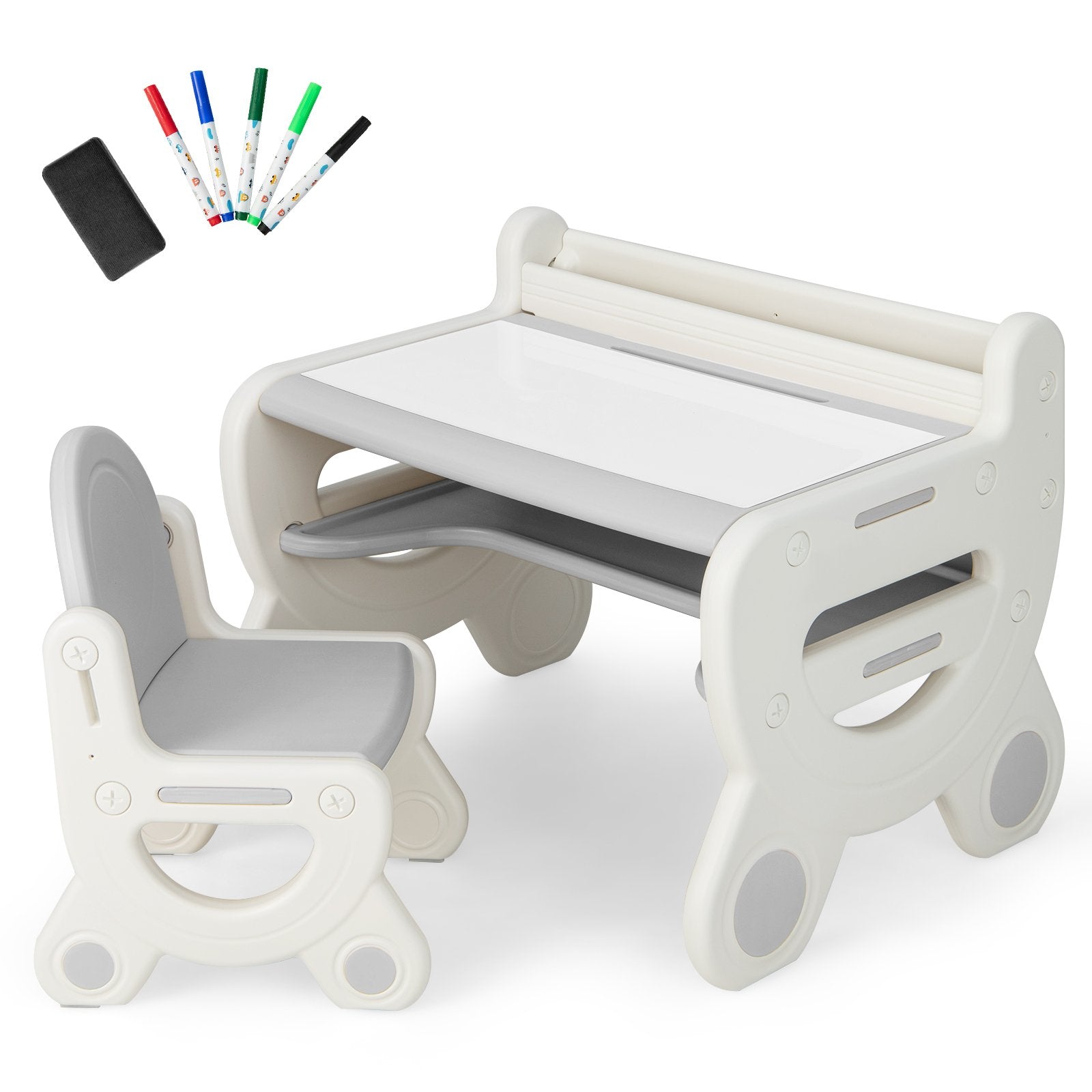 Kids Drawing Table and Chair Set with Watercolor Pens and Blackboard Eraser-Blue