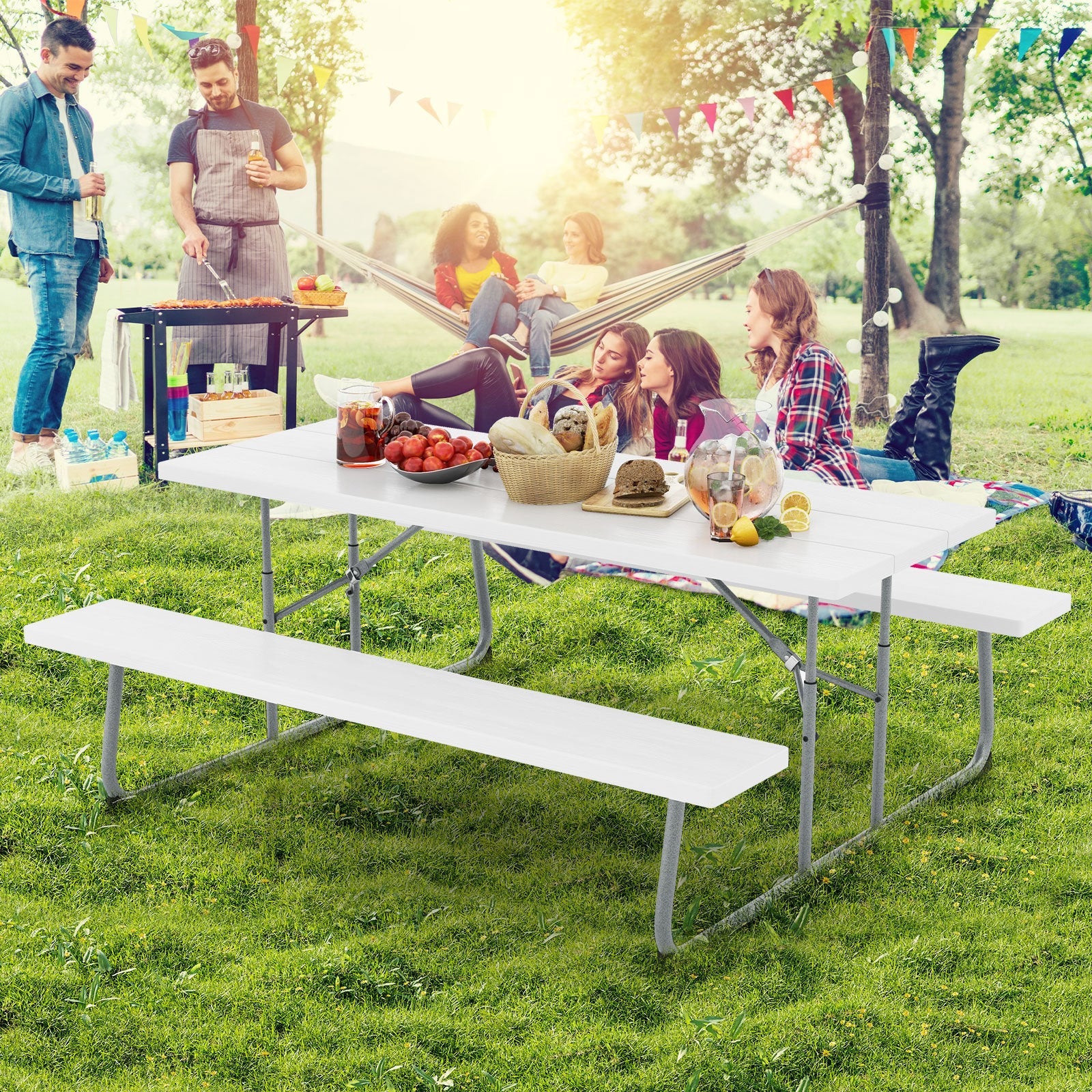 Folding Picnic Table Set with Metal Frame and All-Weather HDPE Tabletop  Umbrella Hole-Black