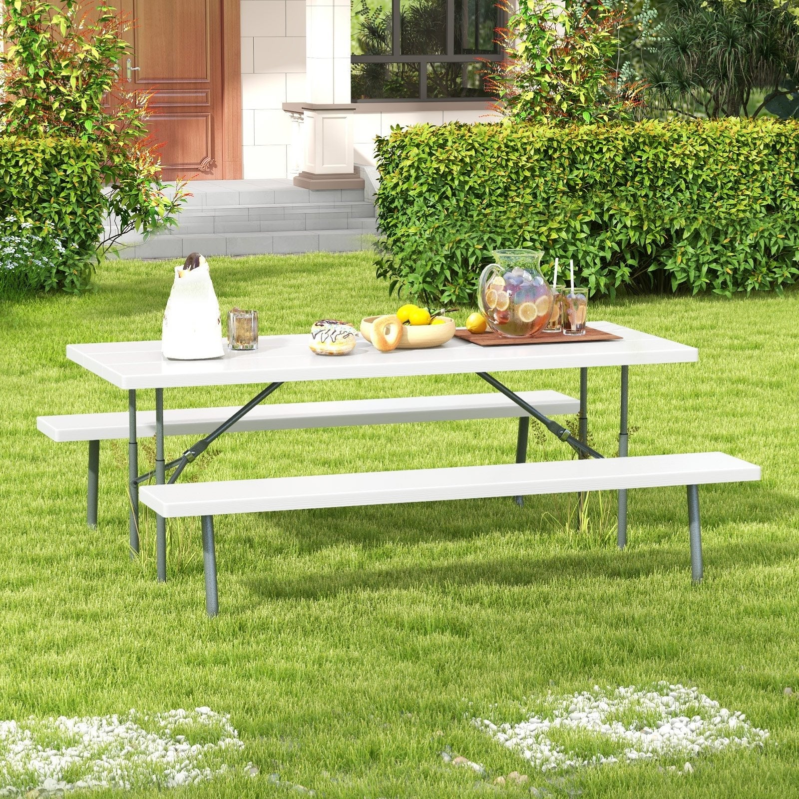 Folding Picnic Table Set with Metal Frame and All-Weather HDPE Tabletop  Umbrella Hole-Black