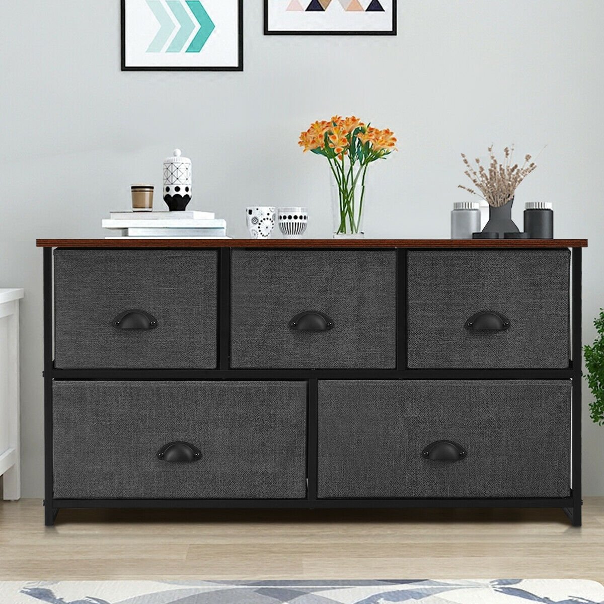 Dresser Storage Tower with 5 Foldable Cloth Storage Cubes-Black